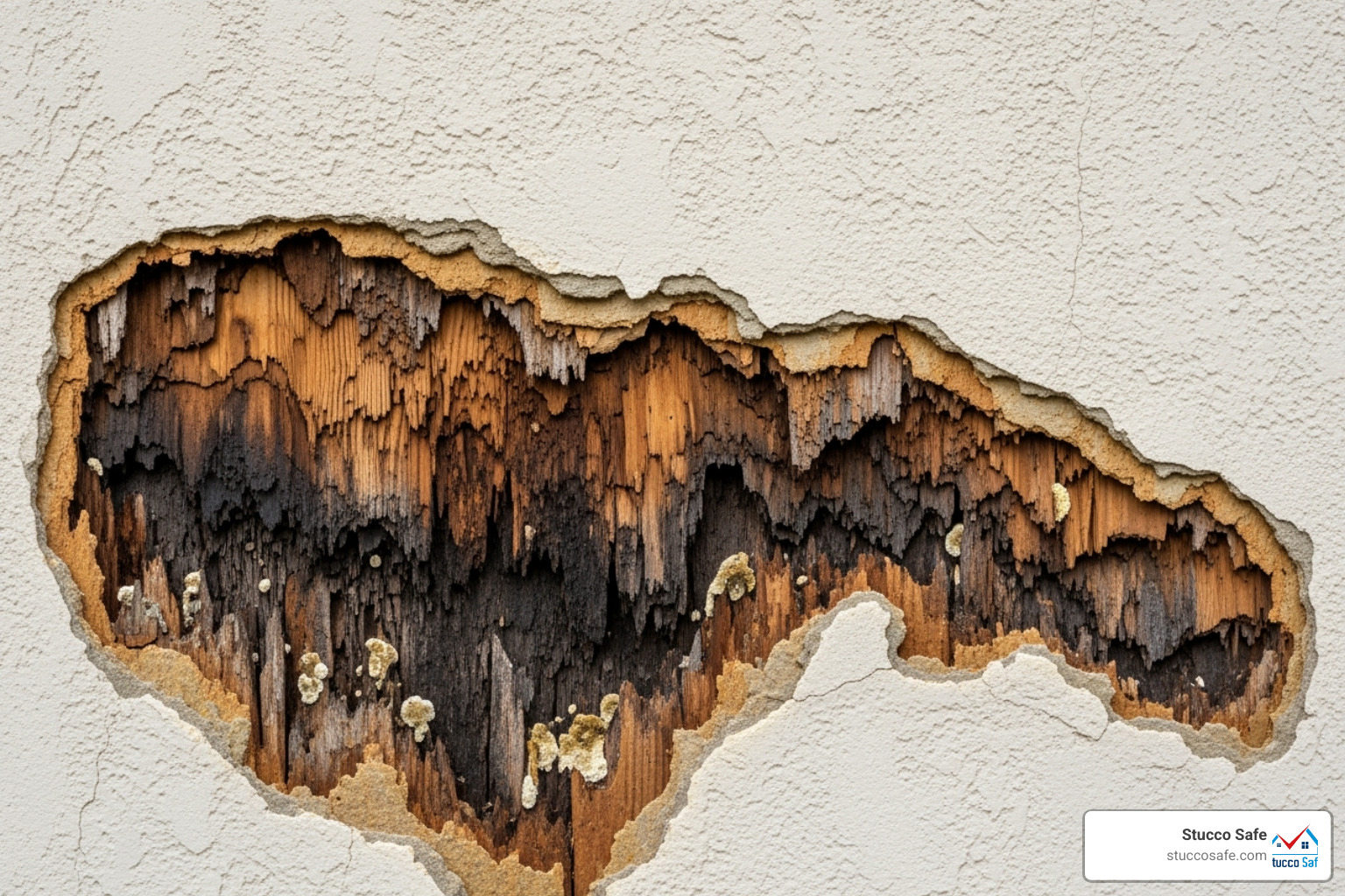 damaged wood sheathing revealed behind a section of removed stucco - stucco inspections Paoli