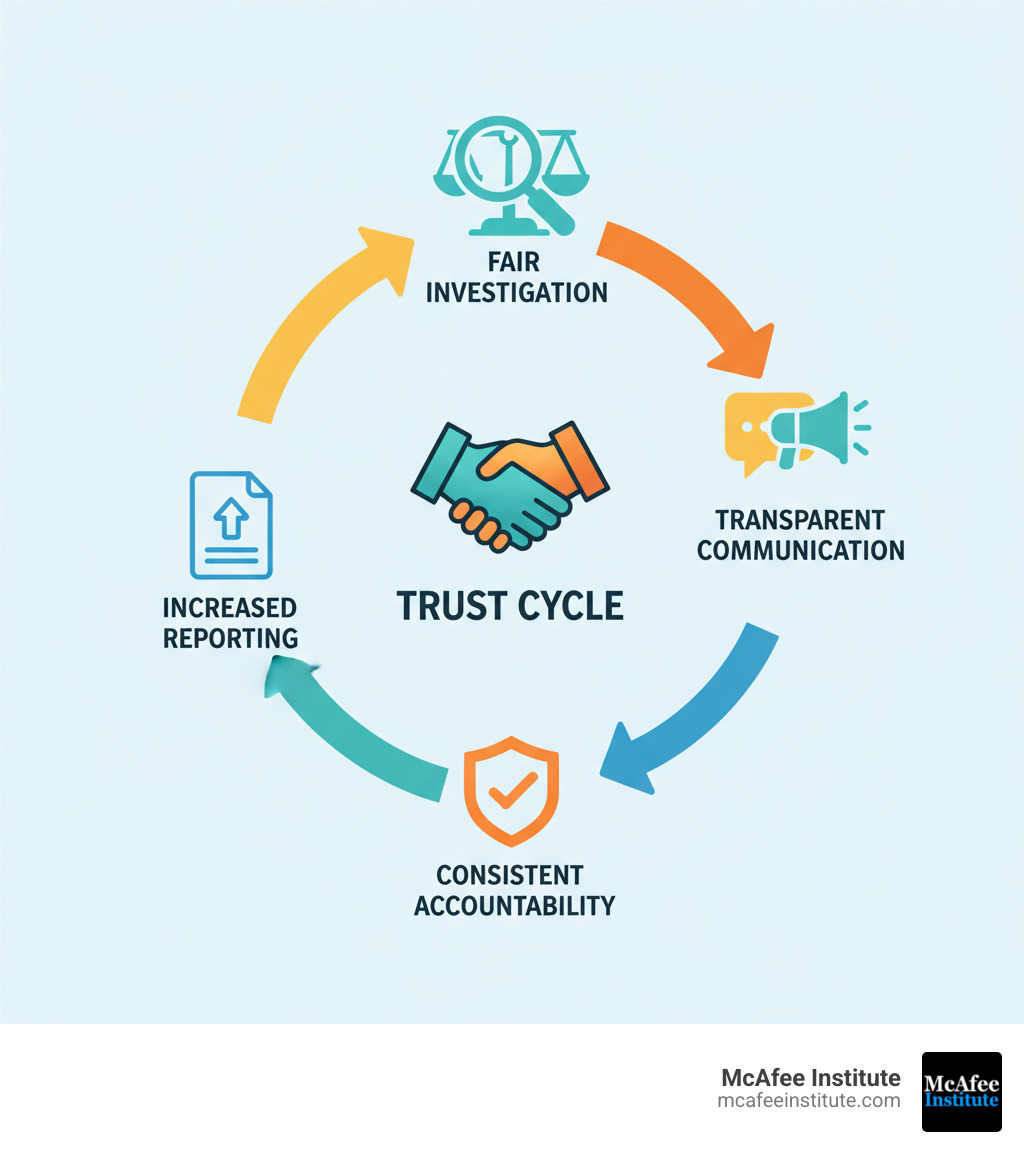 Infographic showing the trust cycle: Fair Investigation leads to Transparent Communication, which leads to Consistent Accountability, which leads to Increased Reporting, creating a reinforcing loop - building trust and accountability in investigations infographic Infographic showing the trust cycle: Fair Investigation leads to Transparent Communication, which leads to Consistent Accountability, which leads to Increased Reporting, creating a reinforcing loop - building trust and accountability in investigations infographic