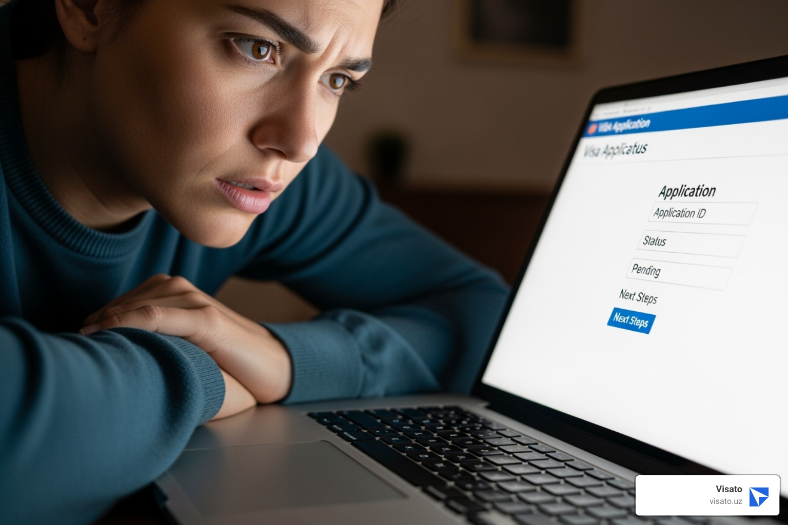 A person looking concerned at a laptop screen showing a visa application status - Medical visa processing time A person looking concerned at a laptop screen showing a visa application status - Medical visa processing time