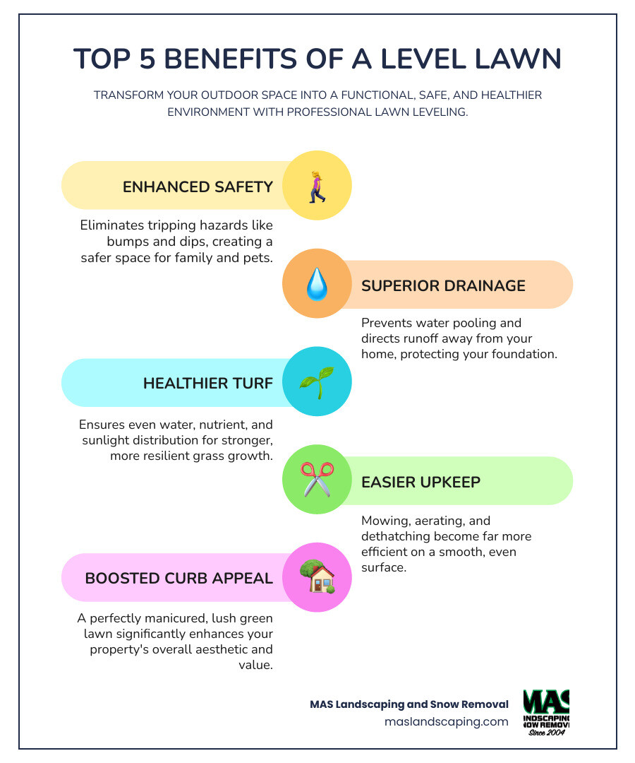 Infographic explaining the top 5 benefits of a level lawn: improved safety, better drainage, healthier grass, easier maintenance, and improved curb appeal. - lawn leveling service infographic infographic-line-5-steps-colors Infographic explaining the top 5 benefits of a level lawn: improved safety, better drainage, healthier grass, easier maintenance, and improved curb appeal. - lawn leveling service infographic infographic-line-5-steps-colors