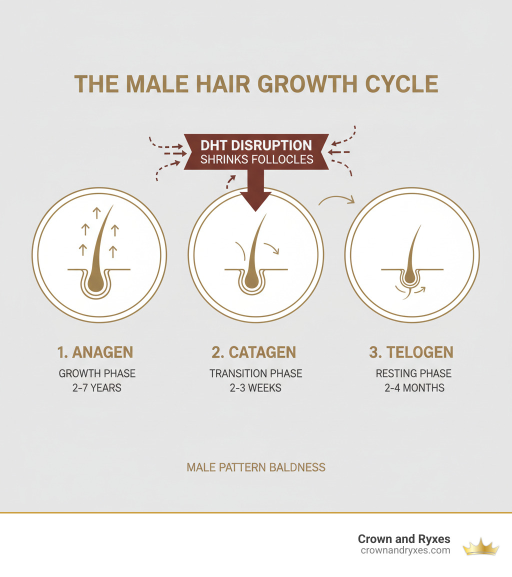infographic showing the three stages of hair growth cycle: Anagen (growth phase lasting 2-7 years), Catagen (transition phase lasting 2-3 weeks), and Telogen (resting phase lasting 2-4 months), with arrows indicating how DHT disrupts this cycle in male pattern baldness - best hair fall treatment for men infographic 