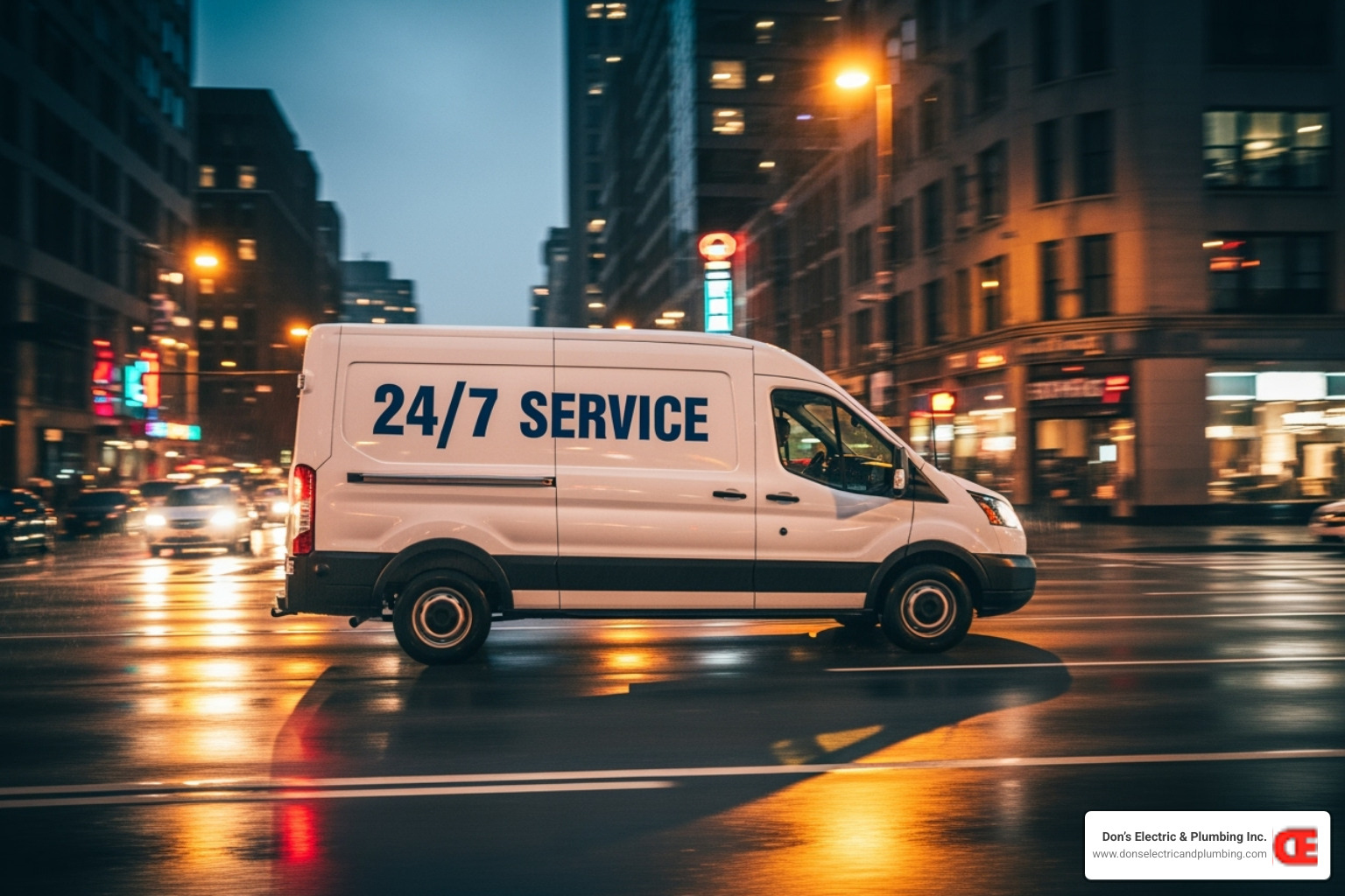 service van driving at night with "24/7 Service" on the side - 24 hour heating repair cobleskill