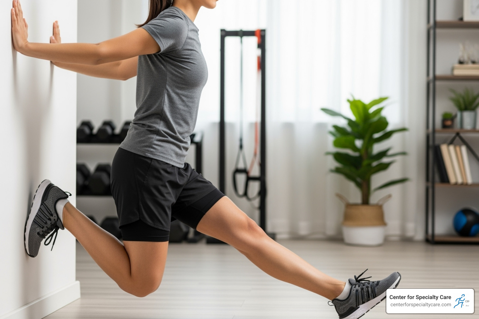 a person performing a proper calf stretch against a wall - Achilles tendon pain