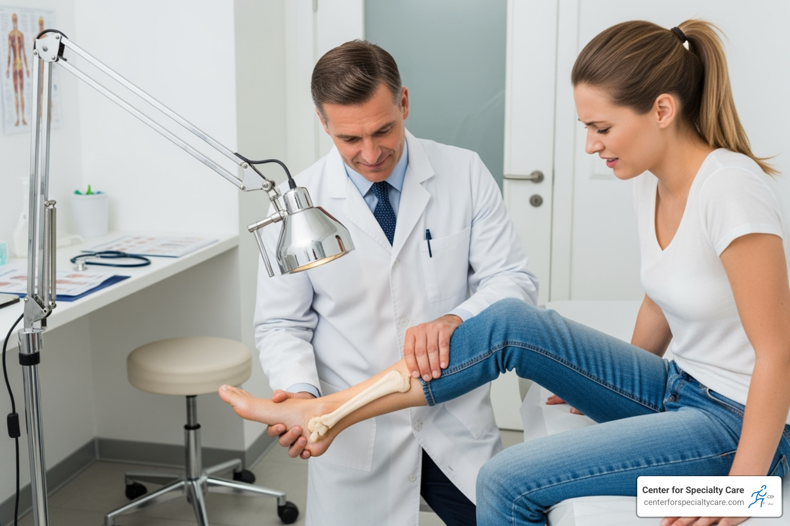 a doctor performing a physical examination on an ankle - Achilles tendon pain