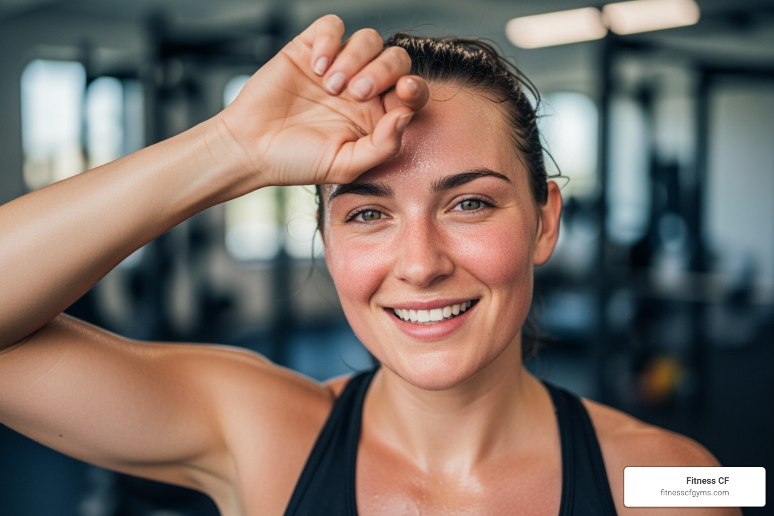 A person smiling confidently, wiping sweat from their brow after a satisfying workout, embodying achievement and well-being - Gyms in St Cloud