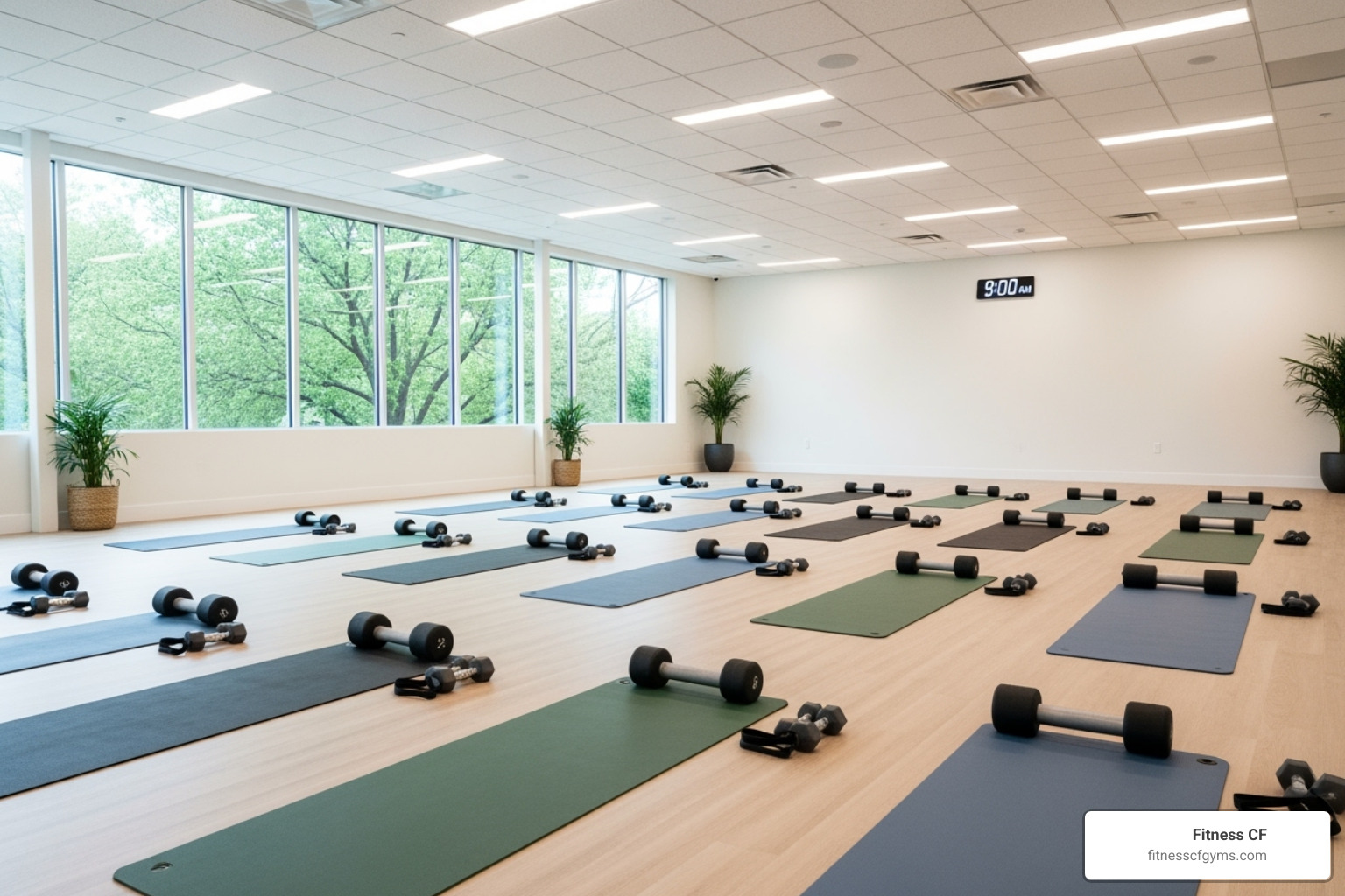 A clean and modern group fitness studio with bright lighting and various exercise props, ready for a class - Gyms in St Cloud