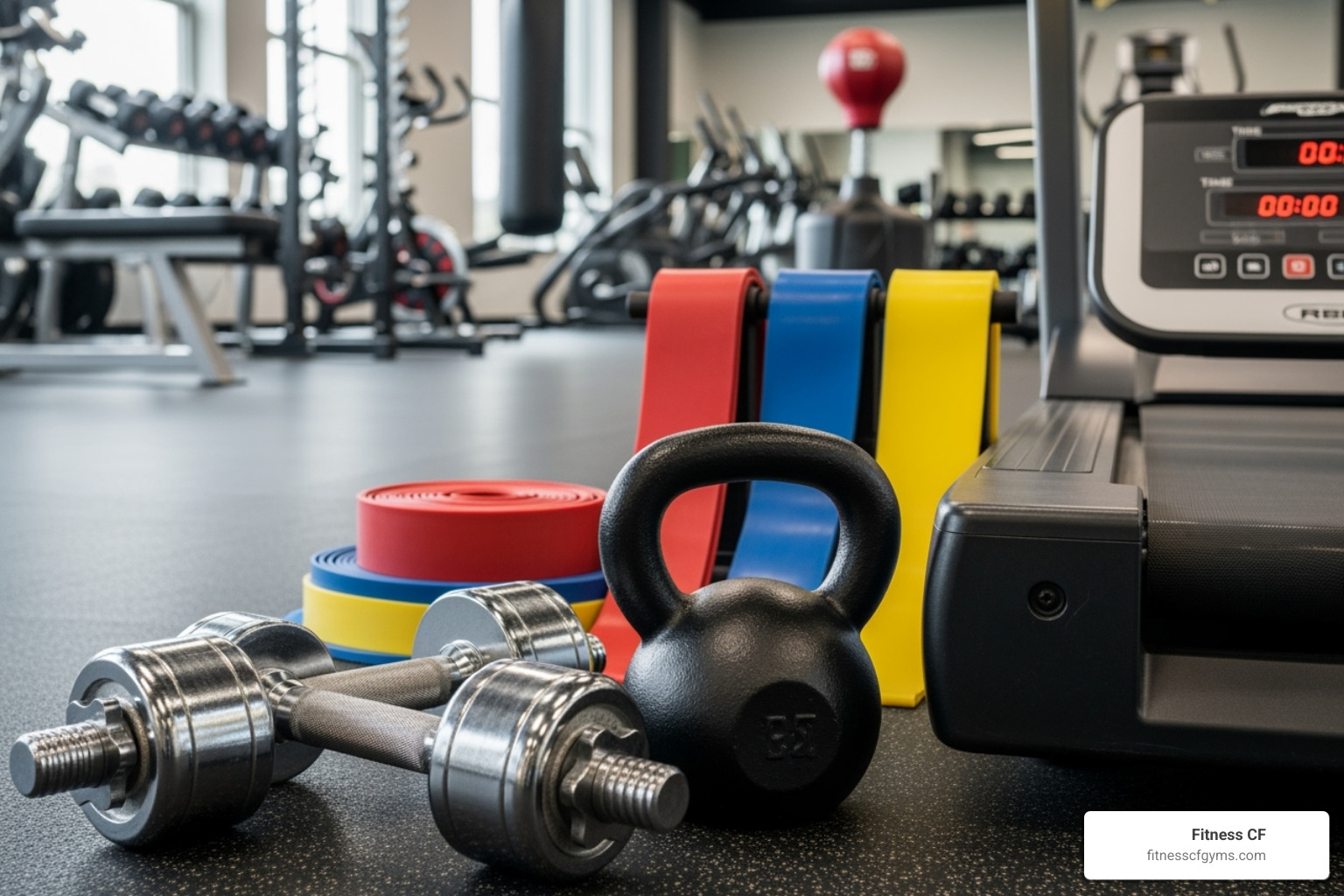 A collection of diverse fitness equipment including dumbbells, kettlebells, resistance bands, and a segment of a treadmill, representing a well-equipped workout space - Gyms in St Cloud