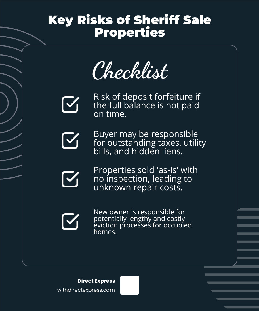 A table comparing Risks (Hidden Liens, 'As-Is' Condition, No Inspection, Eviction Process) vs. Rewards (Below Market Value, High Equity Potential, Investment Opportunity) - sheriff sale houses near me infographic checklist-dark-blue