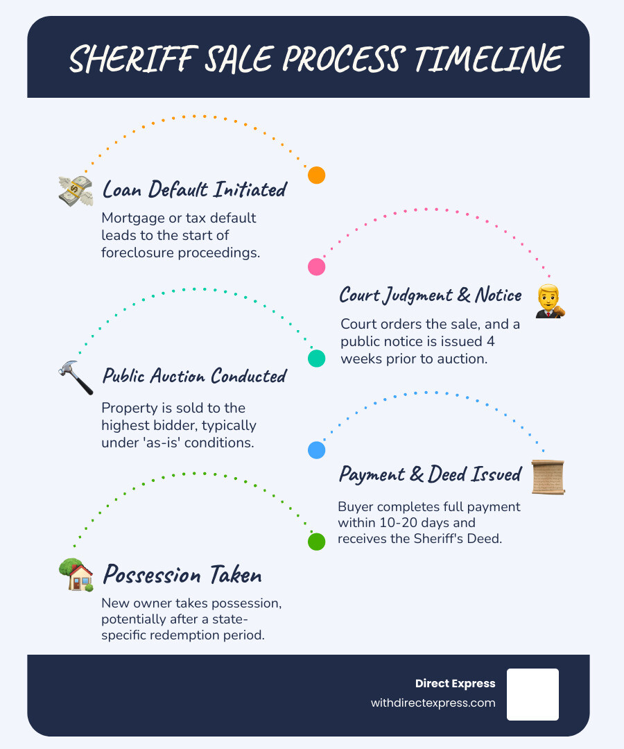 Infographic showing the sheriff sale timeline: Loan Default → Foreclosure Filing → Court Judgment → Sheriff Sale Notice (4 weeks before auction) → Public Auction → 10-20 Day Payment Period → Sheriff's Deed Issued → Redemption Period (varies by state) → New Owner Takes Possession - sheriff sale houses near me infographic infographic-line-5-steps-blues-accent_colors
