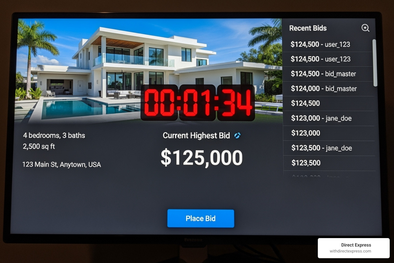 An online auction bidding screen showing a countdown timer - sheriff sale houses near me
