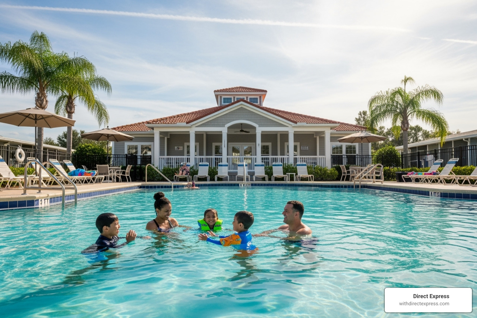 A family enjoying a community pool and clubhouse in a sunny manufactured home park in Orlando - manufactured homes for rent orlando A family enjoying a community pool and clubhouse in a sunny manufactured home park in Orlando - manufactured homes for rent orlando