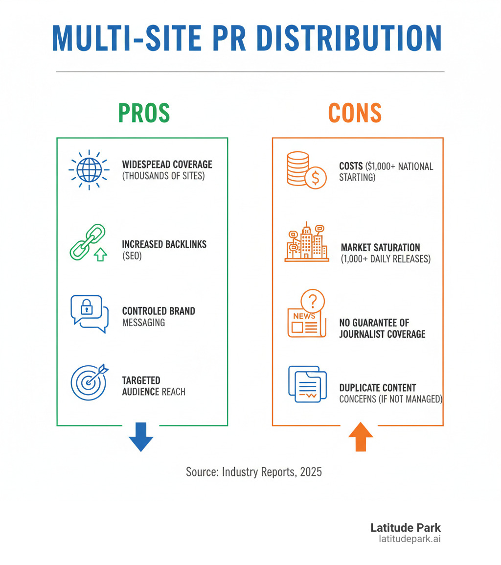 Infographic showing the pros and cons of multi-site press release distribution: Pros include widespread coverage across thousands of sites, increased backlinks for SEO, controlled brand messaging, and targeted audience reach. Cons include costs starting at $1,000 for national distribution, market saturation with 1,000+ daily releases, no guarantee of journalist coverage, and potential duplicate content concerns if not managed properly. - can we post through multiple pr sites infographic 