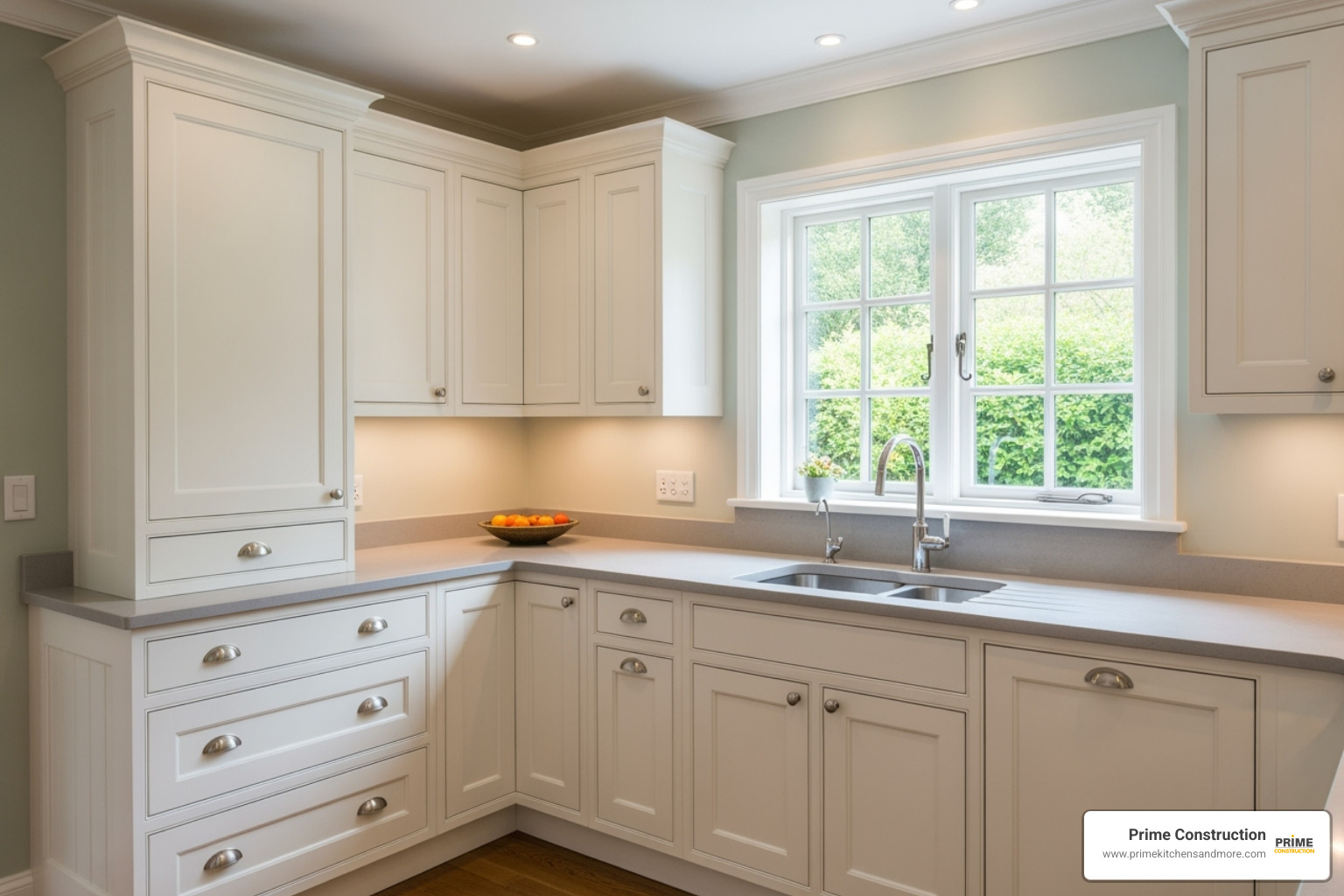Detailed cream-colored Shaker cabinets with neat crown molding - classic kitchen