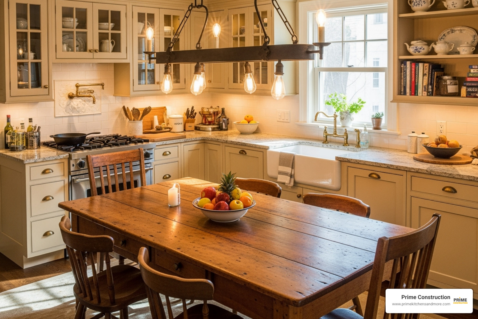 Classic kitchen with a vintage wooden table used as a freestanding island - classic kitchen