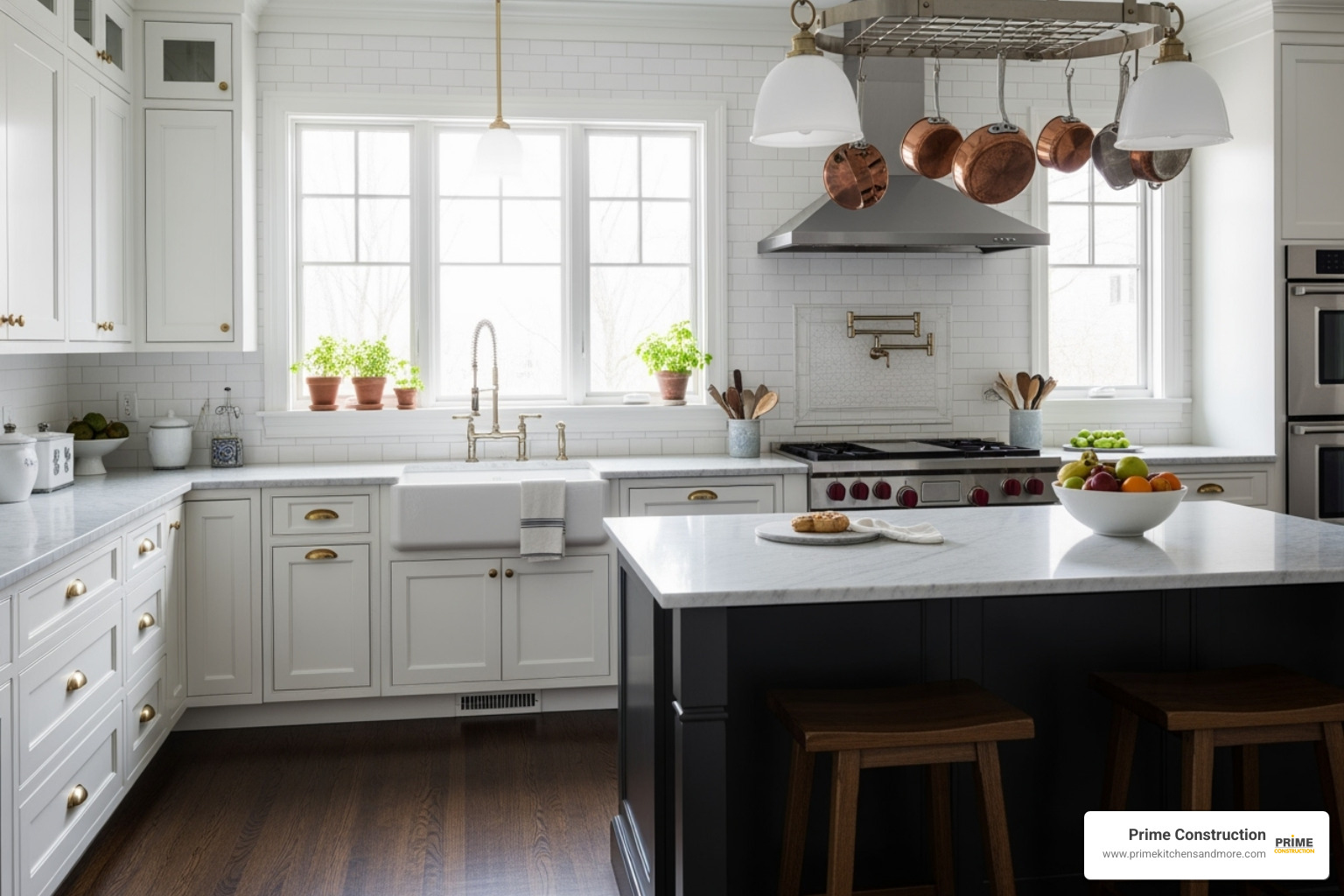 Classic kitchen with dark hardwood floors contrasting with a white subway tile backsplash - classic kitchen