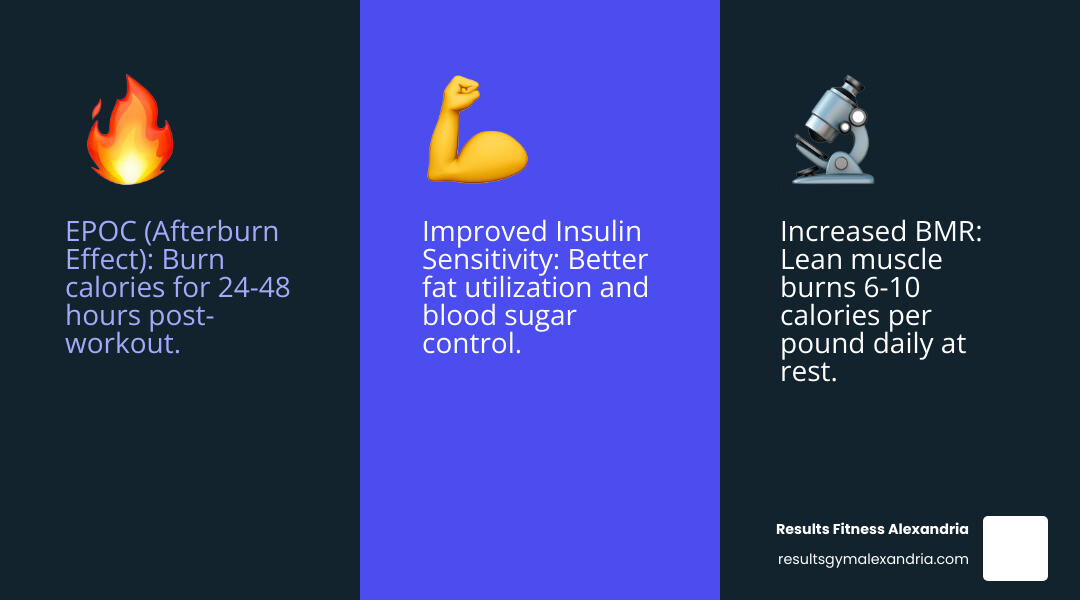 Infographic showing the metabolic benefits of strength training for women, including EPOC (Excess Post-Exercise Oxygen Consumption) afterburn effect lasting 24-48 hours post-workout, increased Basal Metabolic Rate (BMR) from added lean muscle mass burning 6-10 calories per pound daily at rest, and improved insulin sensitivity leading to better fat utilization - gym program for women's weight loss infographic 3_facts_emoji_blue Infographic showing the metabolic benefits of strength training for women, including EPOC (Excess Post-Exercise Oxygen Consumption) afterburn effect lasting 24-48 hours post-workout, increased Basal Metabolic Rate (BMR) from added lean muscle mass burning 6-10 calories per pound daily at rest, and improved insulin sensitivity leading to better fat utilization - gym program for women's weight loss infographic 3_facts_emoji_blue