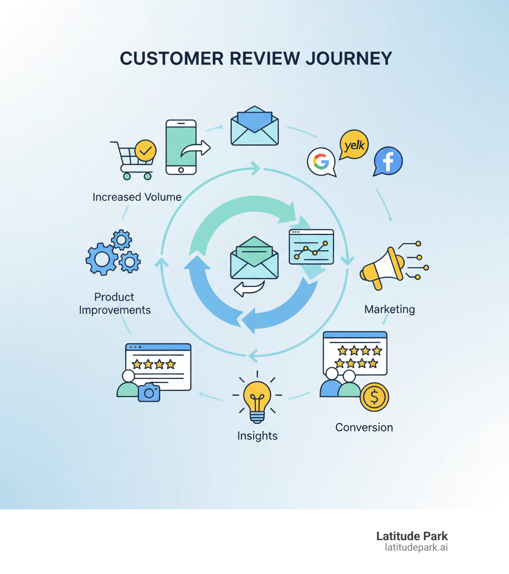 Infographic showing the customer review journey: Customer completes purchase → Automated review request sent via email/SMS → Customer leaves review on Google/Yelp/Facebook → Platform aggregates review into central dashboard → Business responds from unified inbox → AI analyzes sentiment and trends → Insights inform product improvements and marketing → Positive reviews are showcased on website and social media → New customers see social proof and convert → Cycle repeats with increased review volume - Customer review management platform infographic 