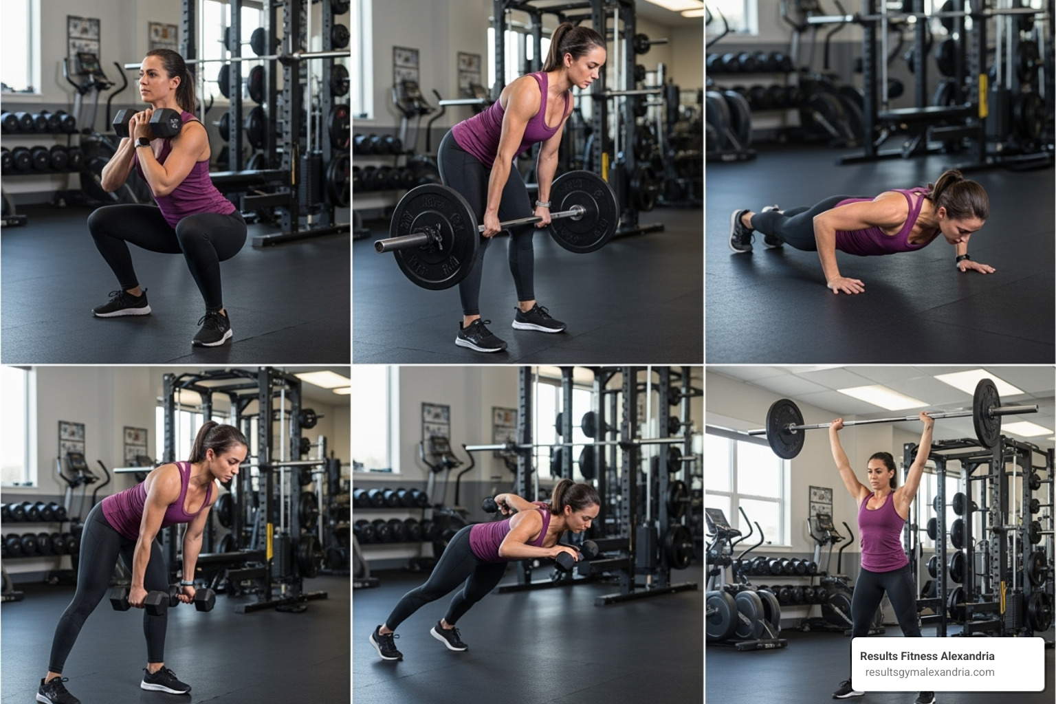 Collage showing proper form for goblet squats, Romanian deadlifts, push-ups, bent-over rows, and overhead press - gym program for women's weight loss Collage showing proper form for goblet squats, Romanian deadlifts, push-ups, bent-over rows, and overhead press - gym program for women's weight loss