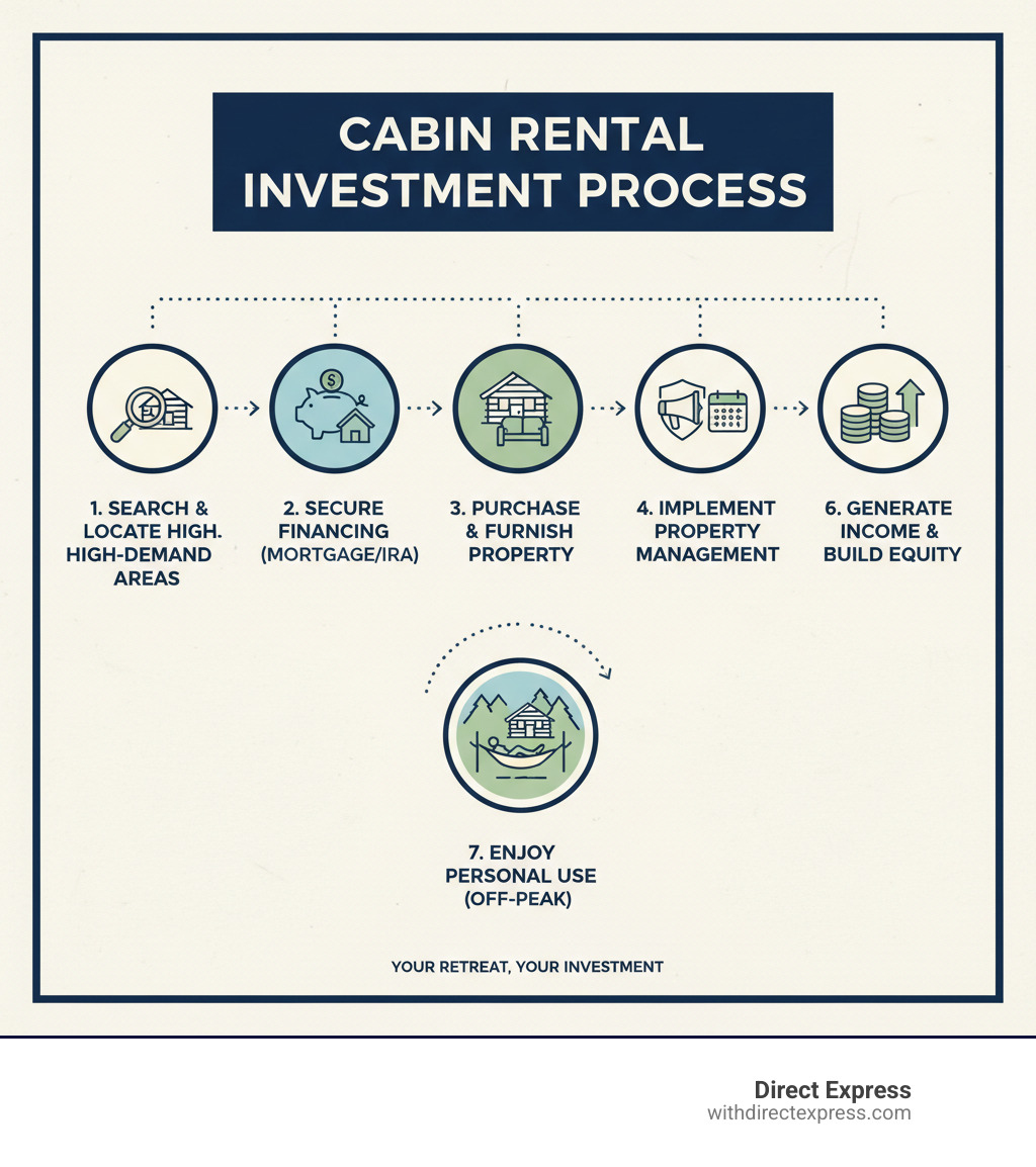 infographic showing the cabin rental investment process: search and identify high-demand locations, secure financing through mortgage or retirement account, purchase and furnish the property, implement professional property management, market to target guests, generate rental income and build equity, enjoy personal use during off-peak times - cabin rentals near me infographic infographic showing the cabin rental investment process: search and identify high-demand locations, secure financing through mortgage or retirement account, purchase and furnish the property, implement professional property management, market to target guests, generate rental income and build equity, enjoy personal use during off-peak times - cabin rentals near me infographic