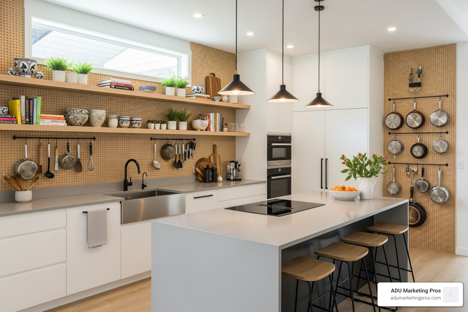 stylish kitchen with pegboard wall and high shelves - Small living solutions