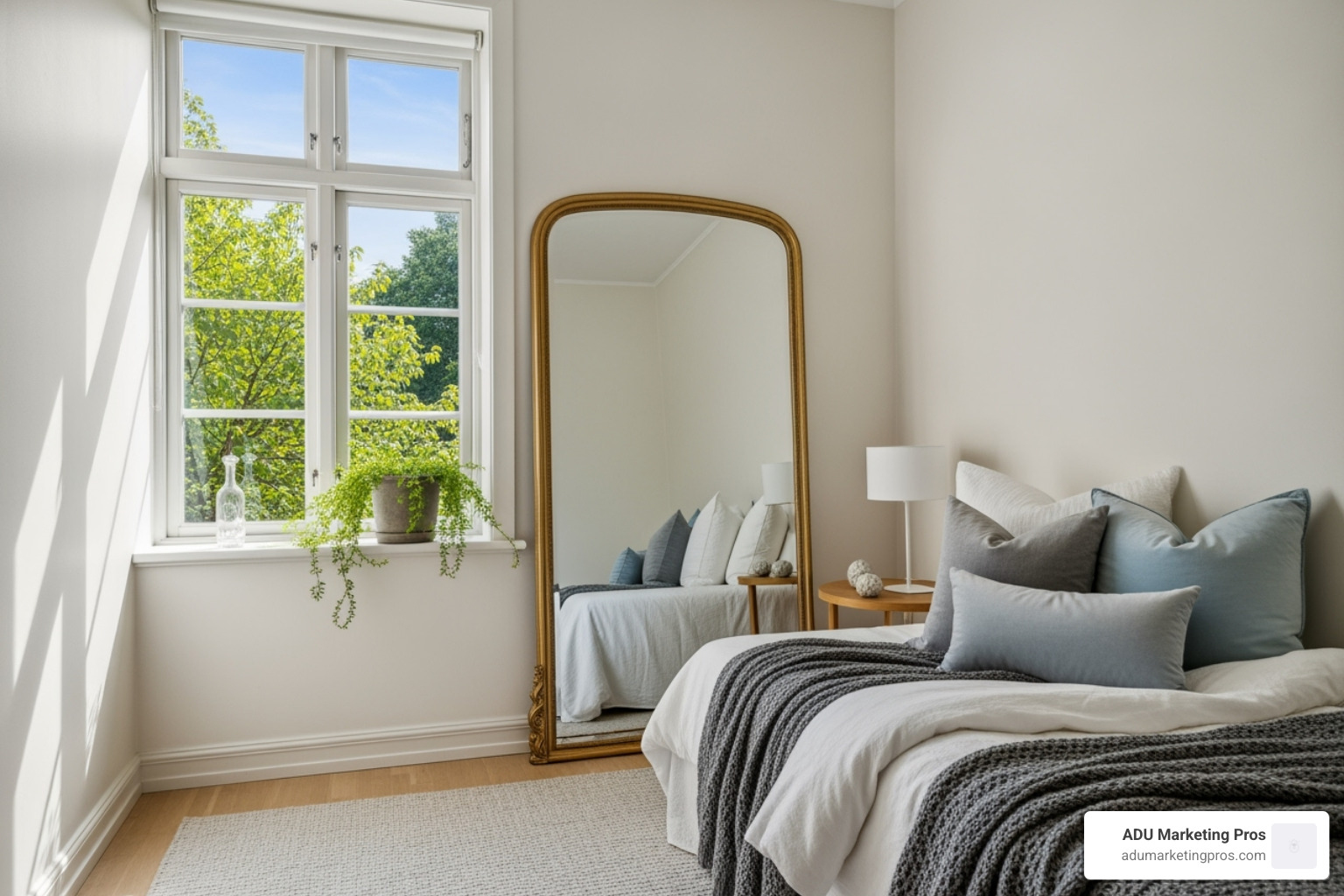 small bedroom with light-colored walls, large mirror reflecting window, and layered textiles - Small living solutions
