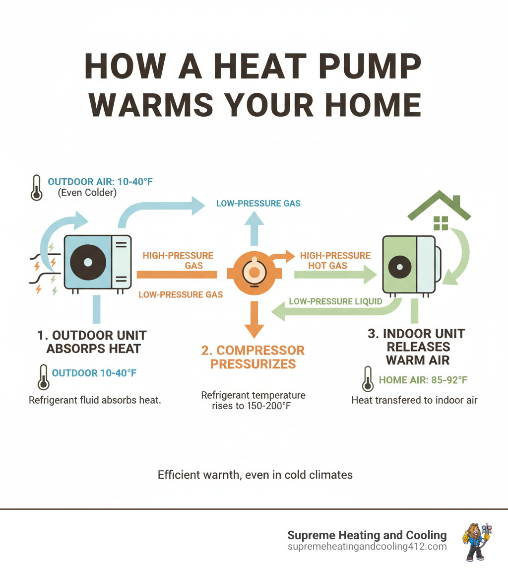 Infographic showing how a heat pump extracts heat from outdoor air through refrigerant cycles, including the outdoor unit absorbing heat, the compressor pressurizing refrigerant, and the indoor unit releasing warm air into the home, with temperature ranges labeled at each stage - heat pump blowing cold air in penn hills, pa infographic Infographic showing how a heat pump extracts heat from outdoor air through refrigerant cycles, including the outdoor unit absorbing heat, the compressor pressurizing refrigerant, and the indoor unit releasing warm air into the home, with temperature ranges labeled at each stage - heat pump blowing cold air in penn hills, pa infographic