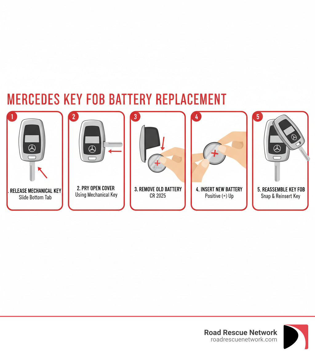 Infographic showing the complete Mercedes key fob battery replacement process: Step 1 shows releasing the mechanical key by sliding the bottom tab, Step 2 shows using the key to pry open the battery cover, Step 3 shows removing the old CR 2025 battery, Step 4 shows inserting the new battery with positive side facing up, and Step 5 shows reassembling the key fob - change battery in mercedes key infographic 