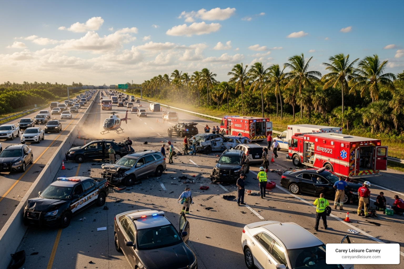 Multi-car accident scene on a Florida highway - wrongful death attorney Florida