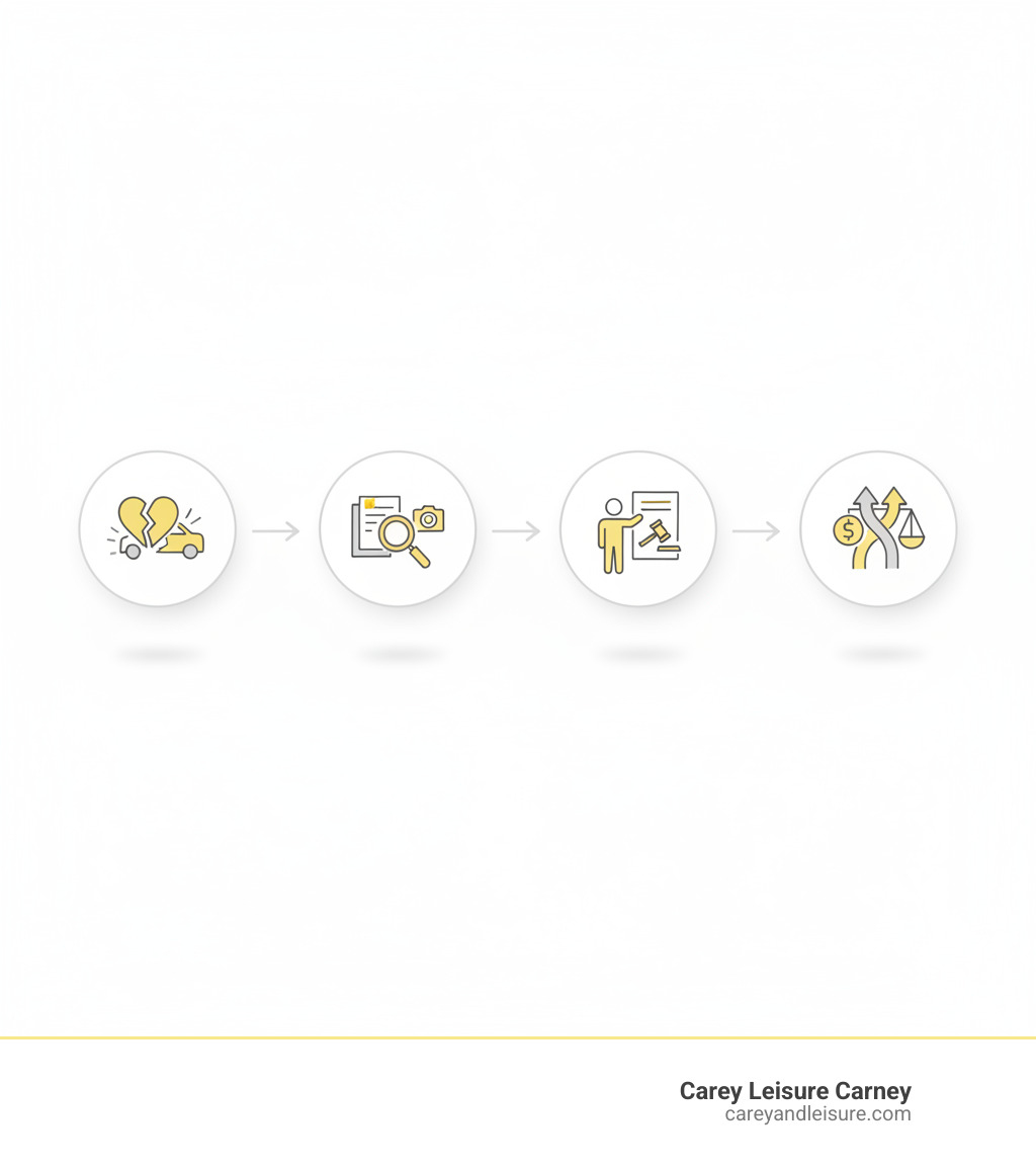 Infographic showing the 4 steps of a Florida wrongful death claim: 1) Tragic incident occurs due to negligence, 2) Attorney investigates and gathers evidence, 3) Personal representative files wrongful death claim, 4) Case resolves through settlement or trial verdict - wrongful death attorney Florida infographic 