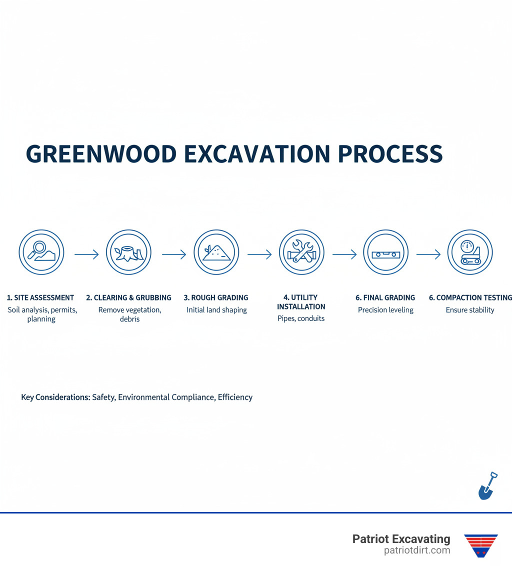 infographic showing excavation process stages including site assessment, clearing and grubbing, rough grading, utility installation, final grading, and compaction testing with timeline and key considerations for each phase - Greenwood IN excavating services infographic 