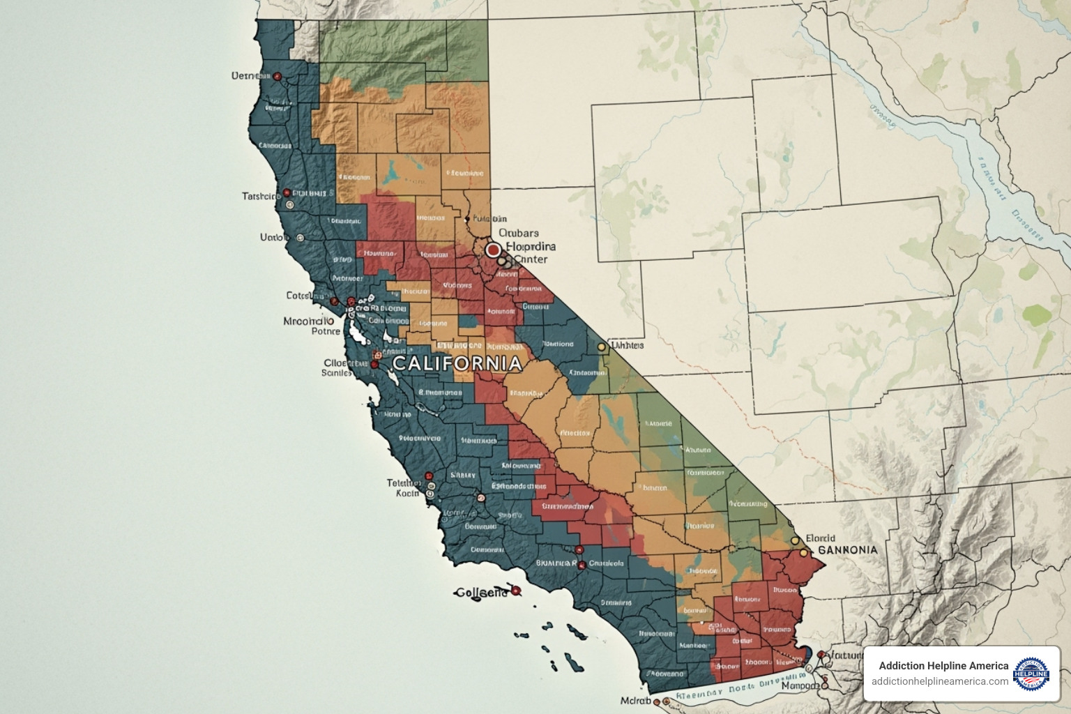 Map of California highlighting areas affected by the substance abuse crisis - California Substance Abuse & Drug Addiction Hotlines Map of California highlighting areas affected by the substance abuse crisis - California Substance Abuse & Drug Addiction Hotlines