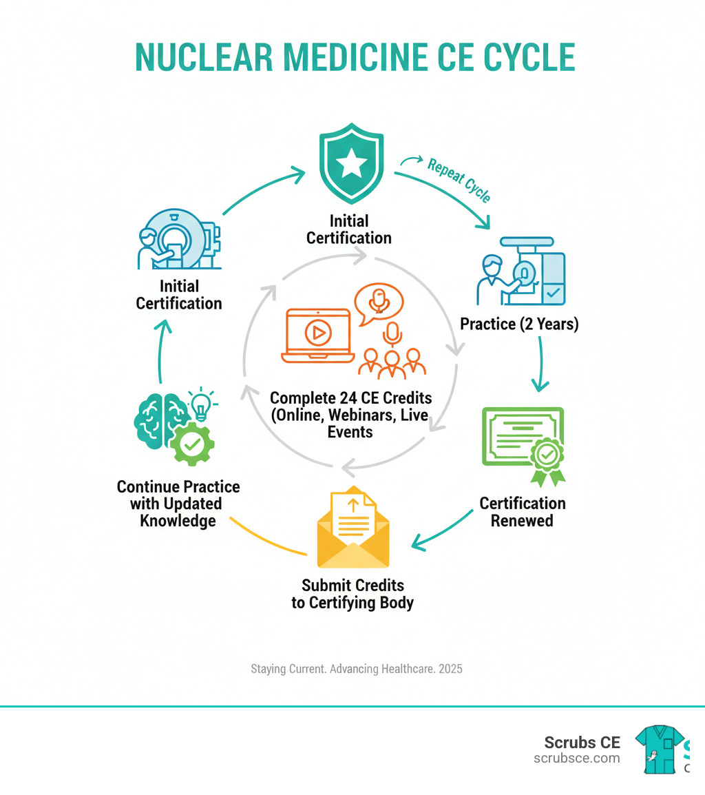 Infographic showing the nuclear medicine CE cycle: Initial certification → Practice (2 years) → Complete 24 CE credits (mix of online courses, webinars, and live events) → Submit credits to certifying body → Certification renewed → Continue practice with updated knowledge → Repeat cycle - nuclear medicine continuing education infographic Infographic showing the nuclear medicine CE cycle: Initial certification → Practice (2 years) → Complete 24 CE credits (mix of online courses, webinars, and live events) → Submit credits to certifying body → Certification renewed → Continue practice with updated knowledge → Repeat cycle - nuclear medicine continuing education infographic