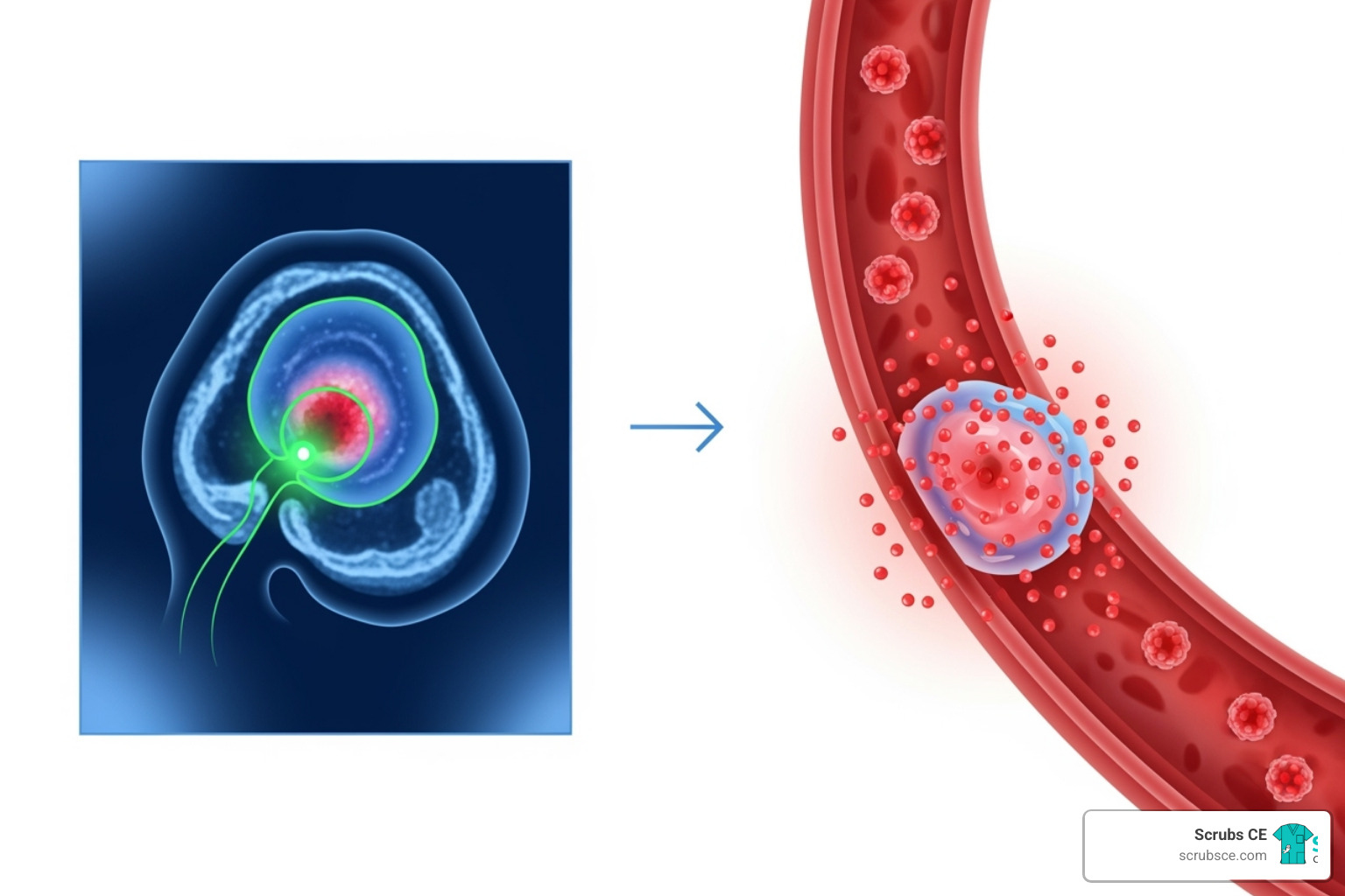 Illustration of the concept of theranostics, showing a diagnostic scan followed by targeted therapy delivery to a tumor - nuclear medicine continuing education Illustration of the concept of theranostics, showing a diagnostic scan followed by targeted therapy delivery to a tumor - nuclear medicine continuing education