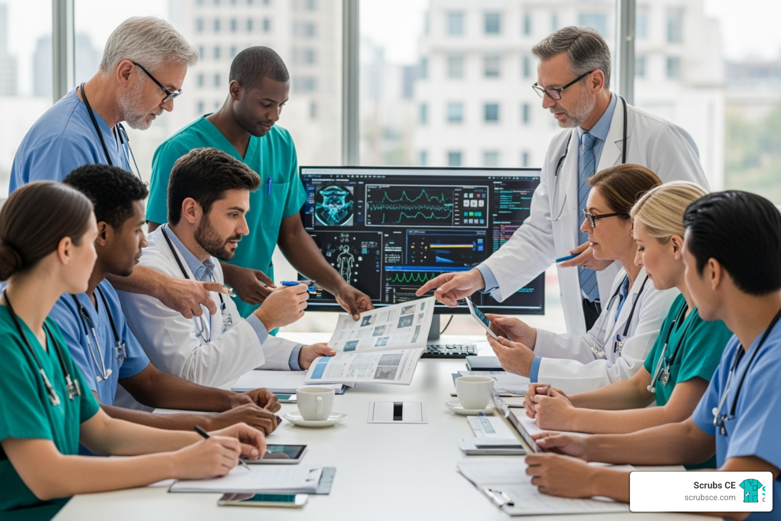 A diverse group of healthcare professionals collaborating, symbolizing teamwork and shared knowledge - nuclear medicine continuing education A diverse group of healthcare professionals collaborating, symbolizing teamwork and shared knowledge - nuclear medicine continuing education