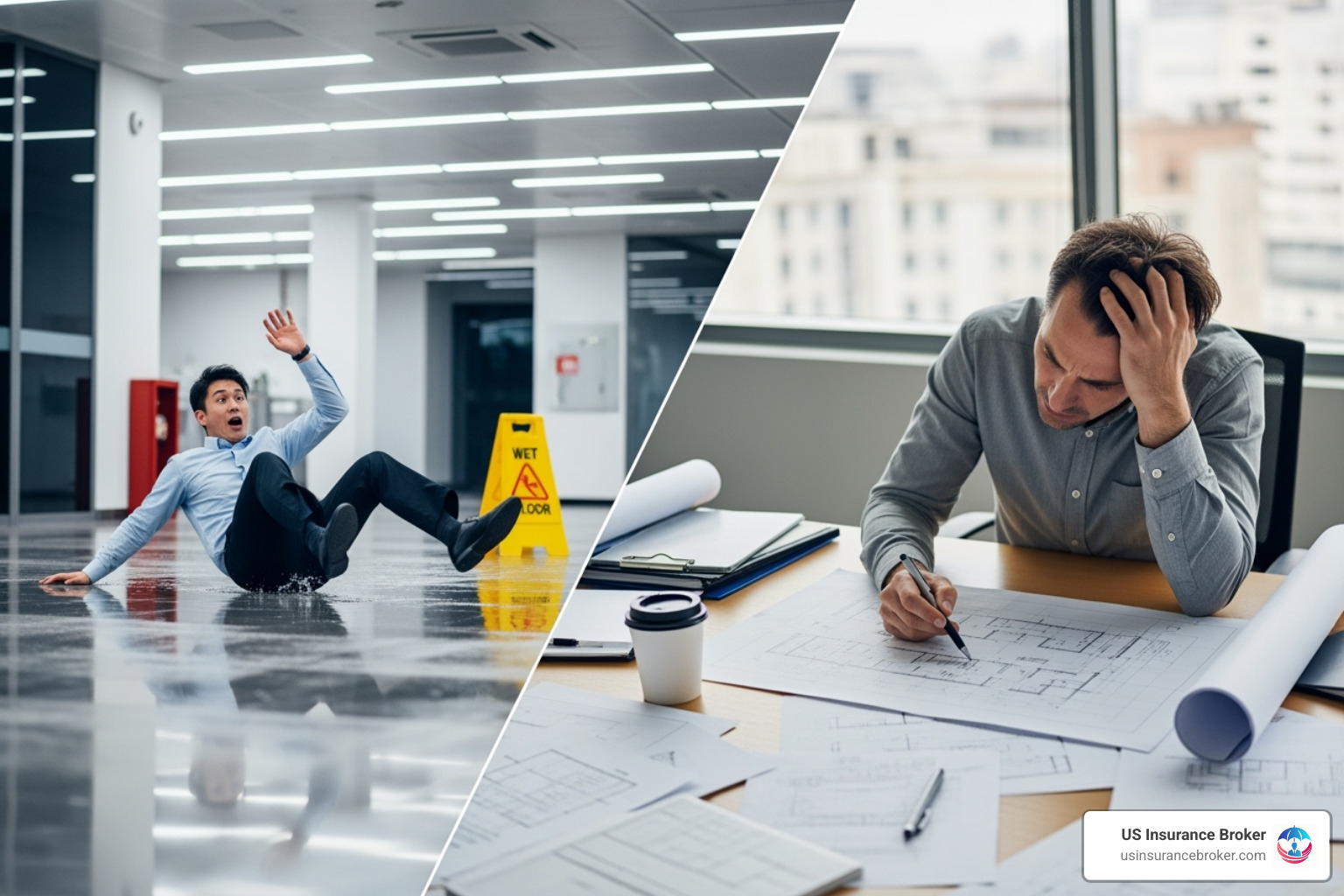 split-screen showing covered slip-and-fall and uncovered professional error - llc general liability insurance split-screen showing covered slip-and-fall and uncovered professional error - llc general liability insurance