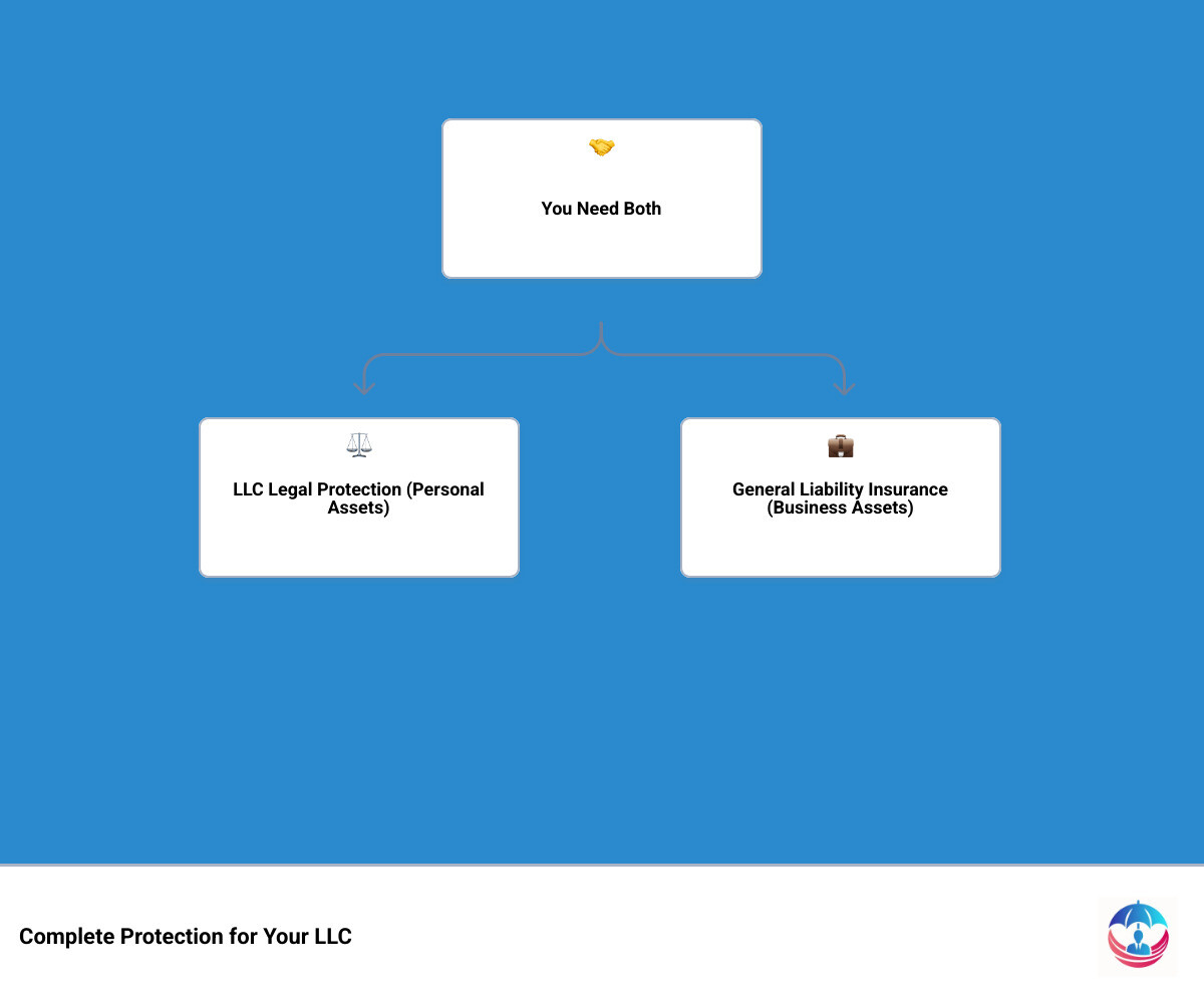 Infographic showing two columns: Left side titled "LLC Legal Protection" lists personal assets protected, personal credit protected, and personal liability limited; Right side titled "General Liability Insurance Protection" lists business assets protected, lawsuit defense costs covered, third-party injury claims covered, and property damage claims covered; Arrow between them states "You need BOTH for complete protection" - llc general liability insurance infographic hierarchy Infographic showing two columns: Left side titled "LLC Legal Protection" lists personal assets protected, personal credit protected, and personal liability limited; Right side titled "General Liability Insurance Protection" lists business assets protected, lawsuit defense costs covered, third-party injury claims covered, and property damage claims covered; Arrow between them states "You need BOTH for complete protection" - llc general liability insurance infographic hierarchy
