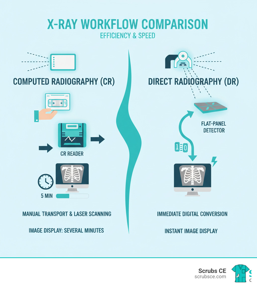 Infographic comparing CR and DR workflows: CR shows X-ray exposure to PSP cassette, then manual transport to CR reader, laser scanning process, and image display taking several minutes; DR shows X-ray exposure to flat-panel detector with immediate digital conversion and instant image display on workstation screen - digital radiography ce infographic 