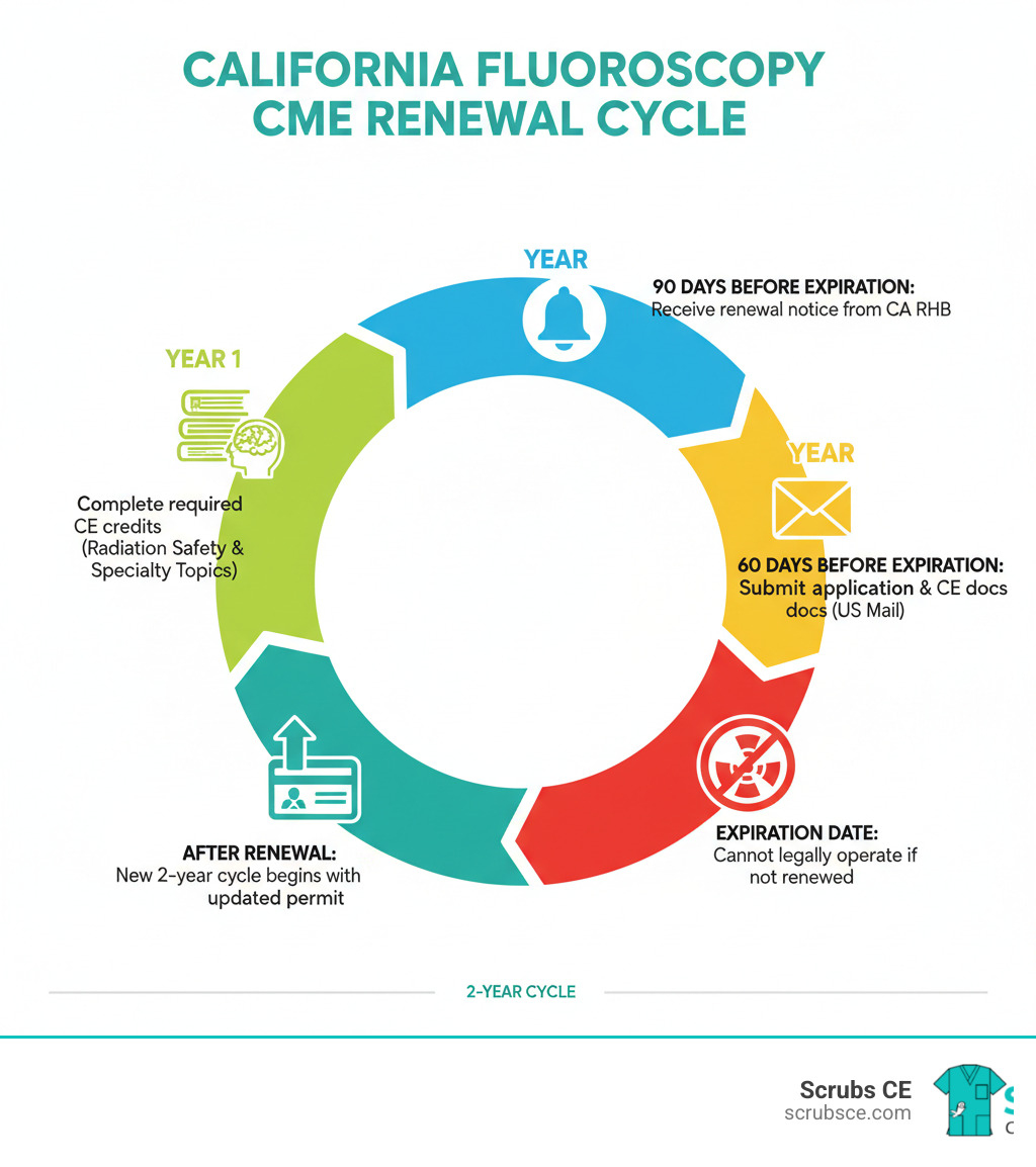 Infographic showing the California fluoroscopy CME 2-year renewal cycle with key milestones: Year 1 - Complete required CE credits in radiation safety and specialty topics; 90 days before expiration - Receive renewal notice from California RHB; 60 days before expiration - Submit renewal application with CE documentation via US mail; Expiration date - Cannot legally operate fluoroscopy equipment if not renewed; After renewal - New 2-year cycle begins with updated permit - california fluoroscopy cme infographic 