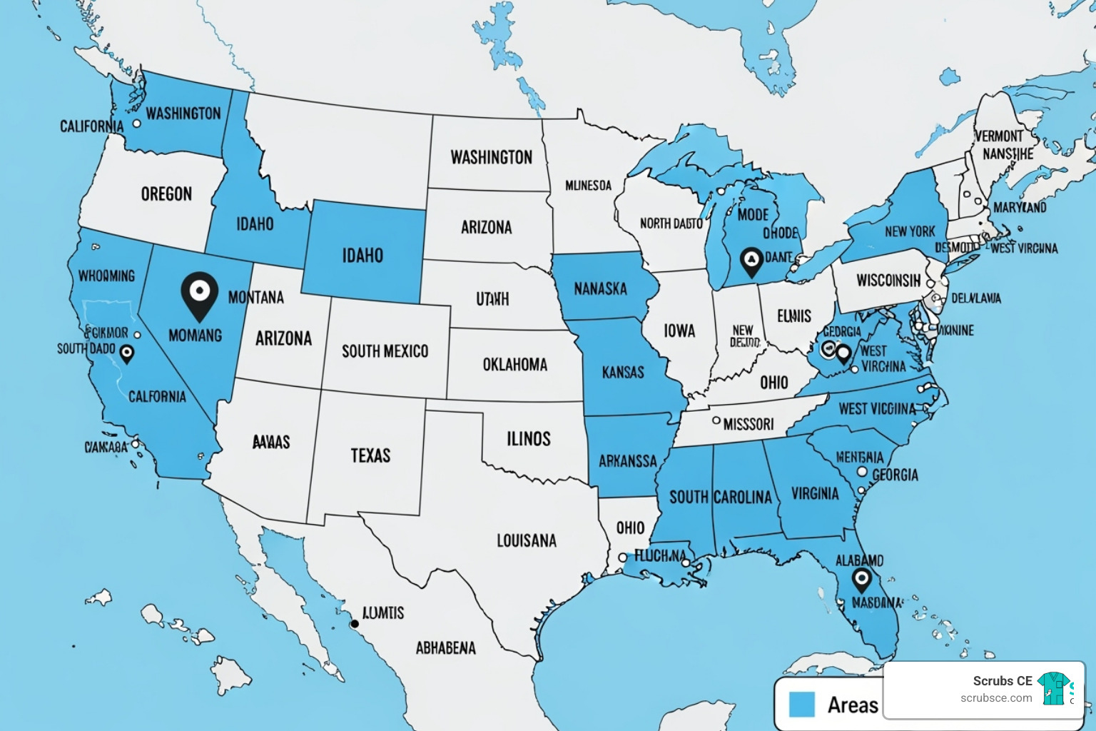 US map with highlighted states - radiologic technologist CE