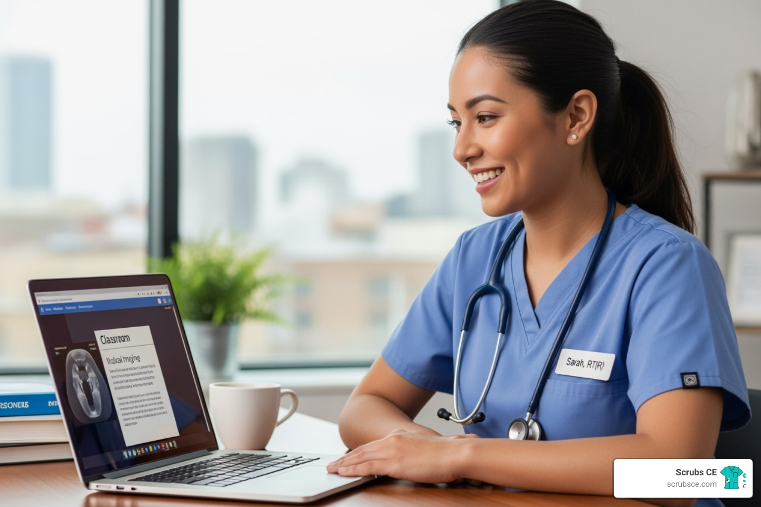 Technologist smiling while using a laptop for an online course - x ray tech ce credits