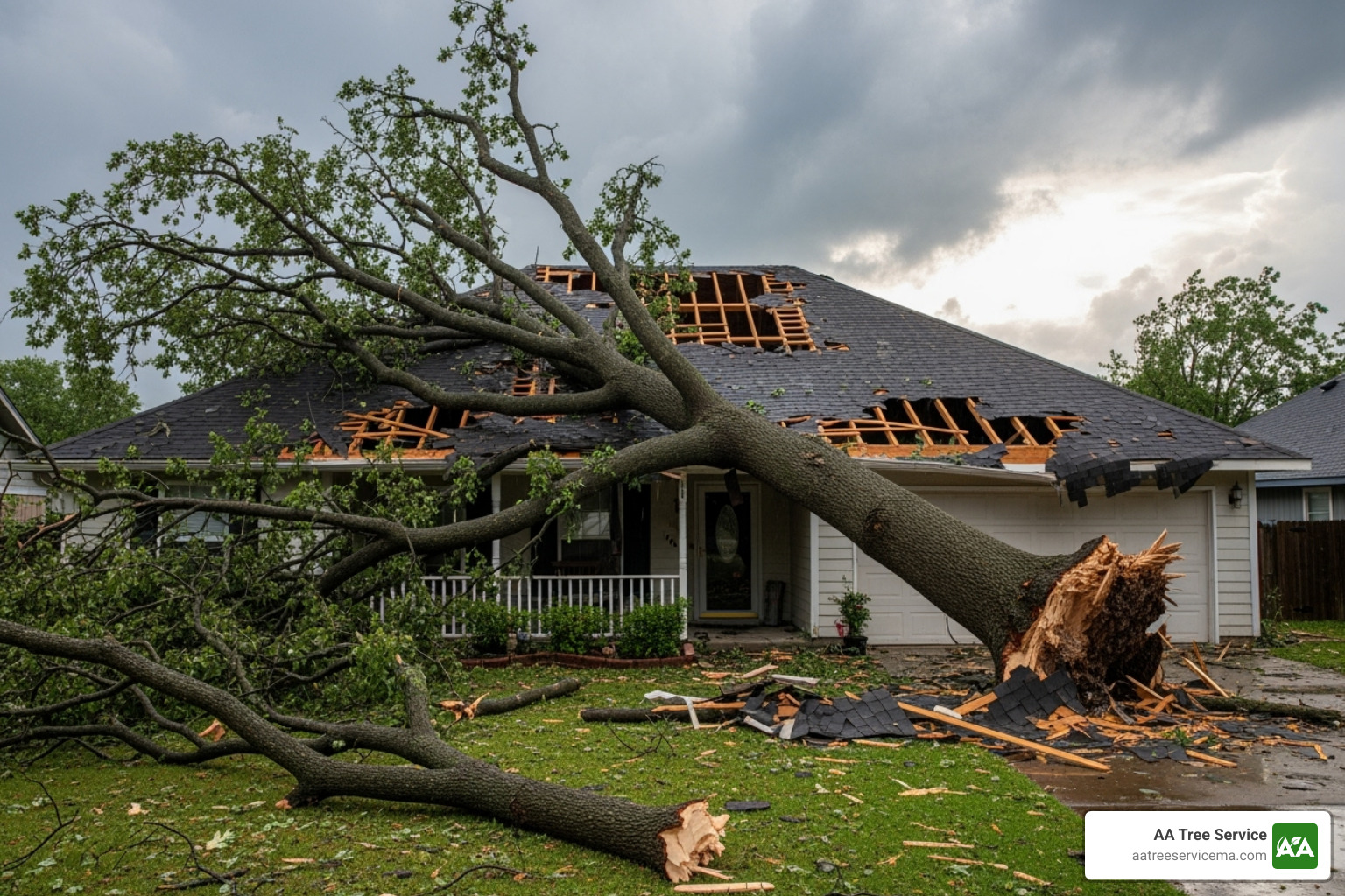 of a fallen tree on a house after a storm - tree removal services north andover ma