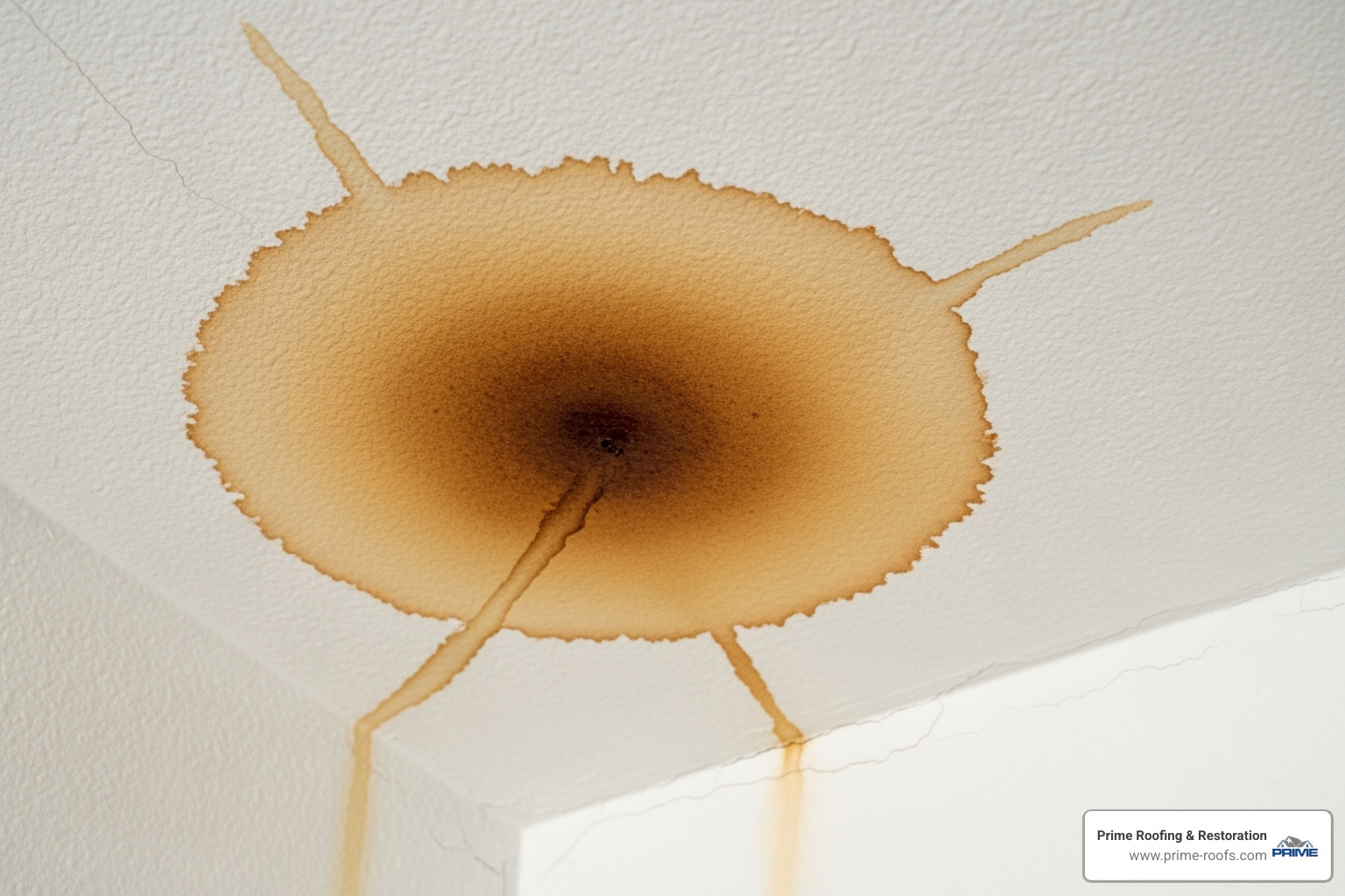 A water stain on an apartment ceiling. - multi family roof repair company