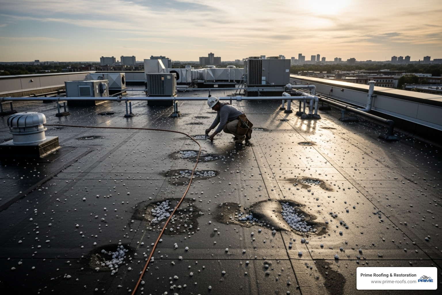 A roofer inspecting hail damage on a large commercial roof. - multi family roof repair company