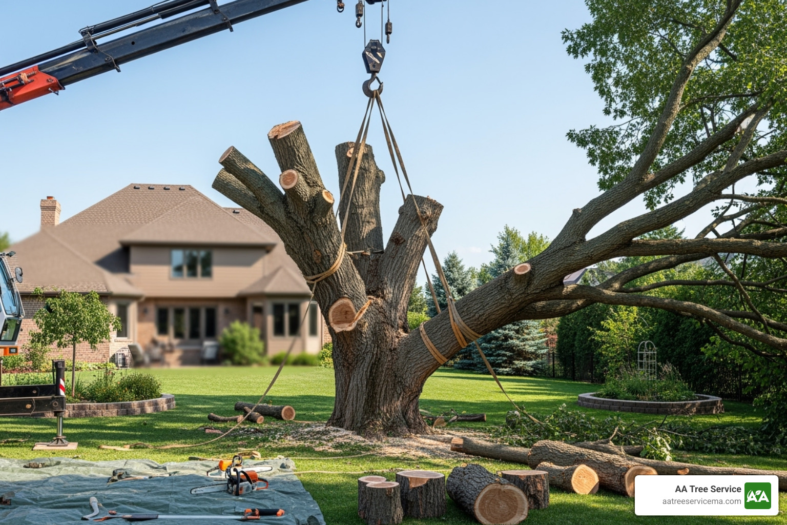 of a tree service crew safely dismantling a tree in sections - tree removal services north andover ma