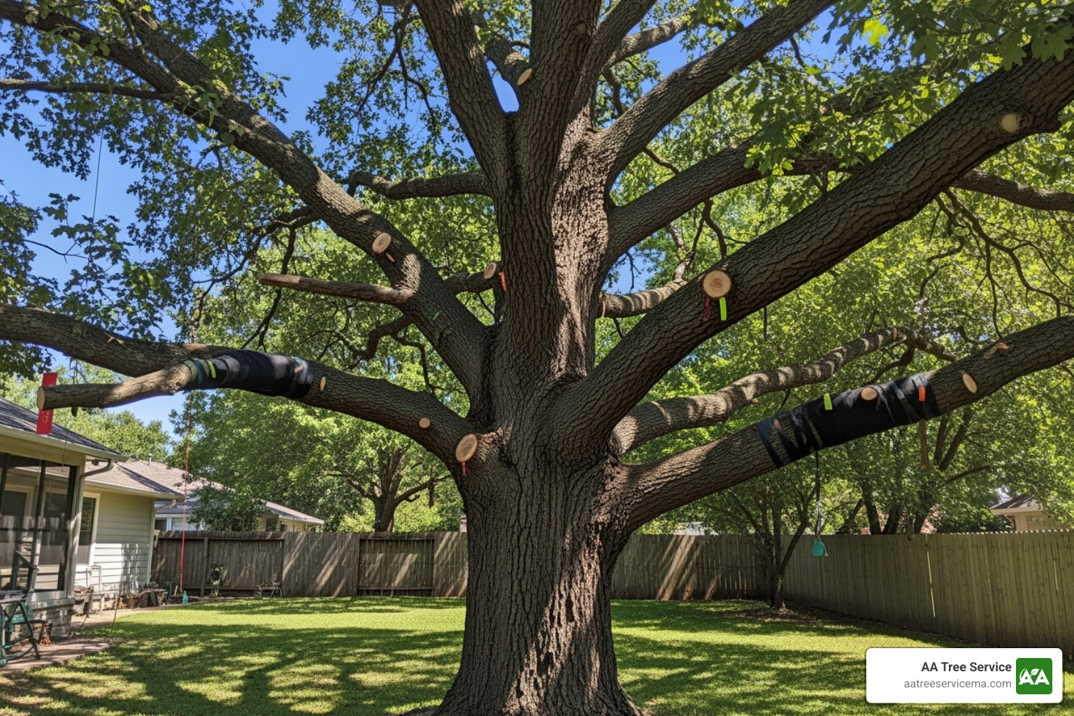 of a tree care team assessing a large oak tree - tree removal services north andover ma