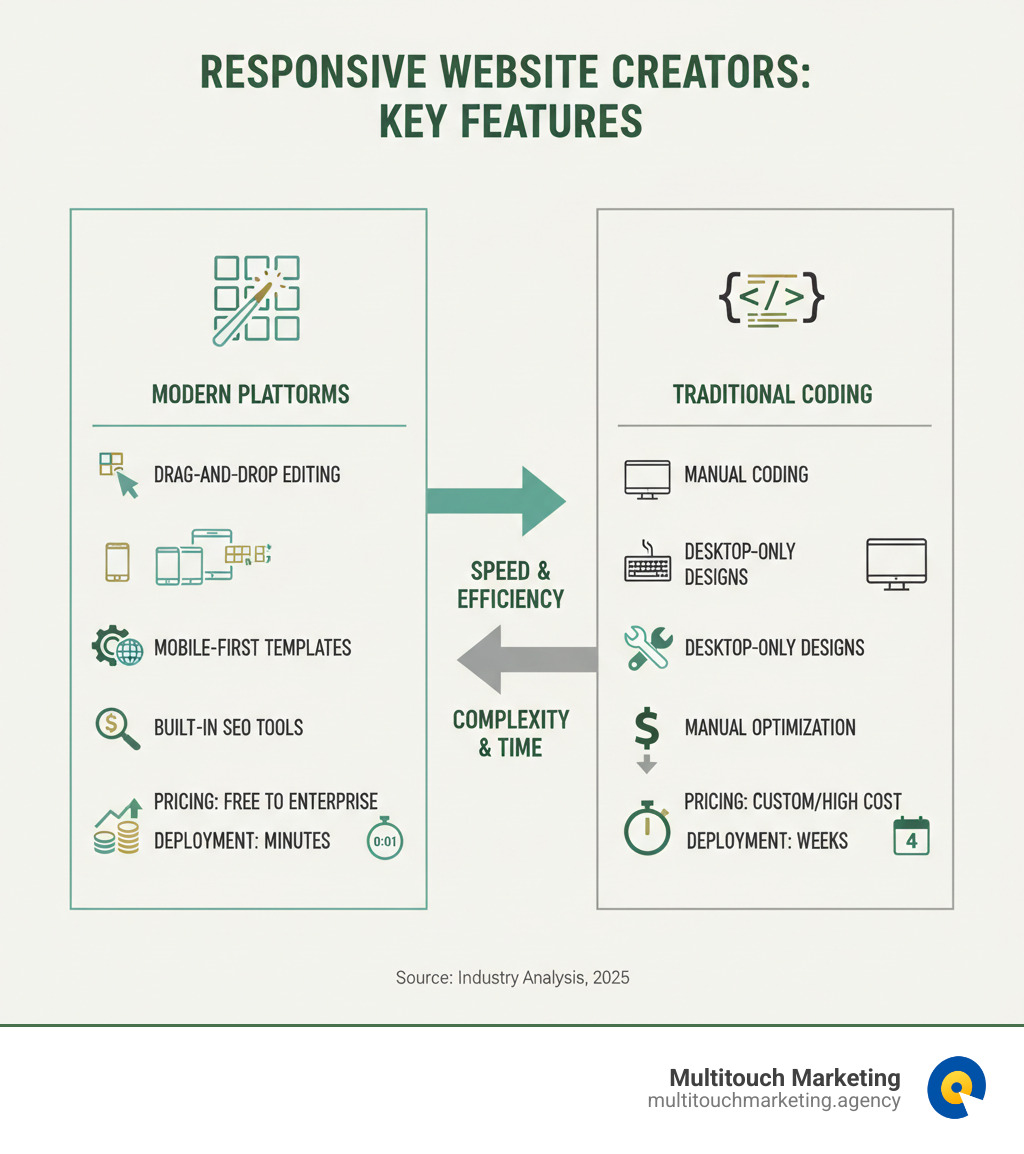 Infographic comparing key features of responsive website creators: drag-and-drop editing vs traditional coding, mobile-first templates vs desktop-only designs, built-in SEO tools vs manual optimization, pricing tiers from free plans to enterprise solutions, and deployment speed showing minutes vs weeks - Responsive website creator infographic Infographic comparing key features of responsive website creators: drag-and-drop editing vs traditional coding, mobile-first templates vs desktop-only designs, built-in SEO tools vs manual optimization, pricing tiers from free plans to enterprise solutions, and deployment speed showing minutes vs weeks - Responsive website creator infographic