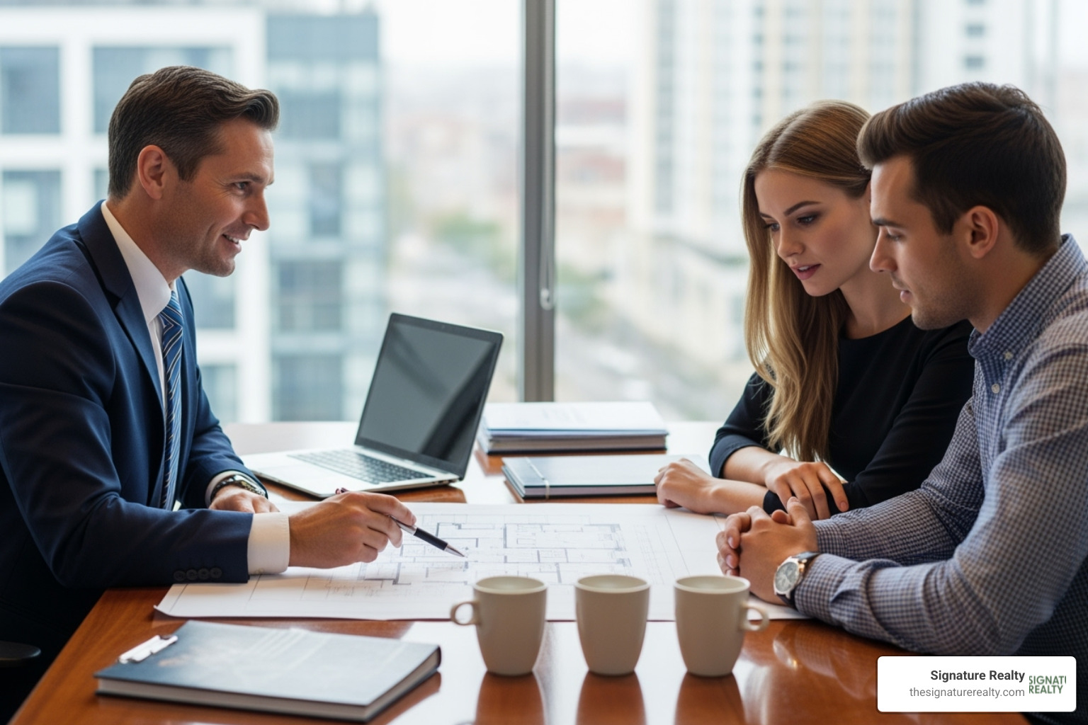 Real estate agent showing floor plan to clients - Office space for startups Real estate agent showing floor plan to clients - Office space for startups