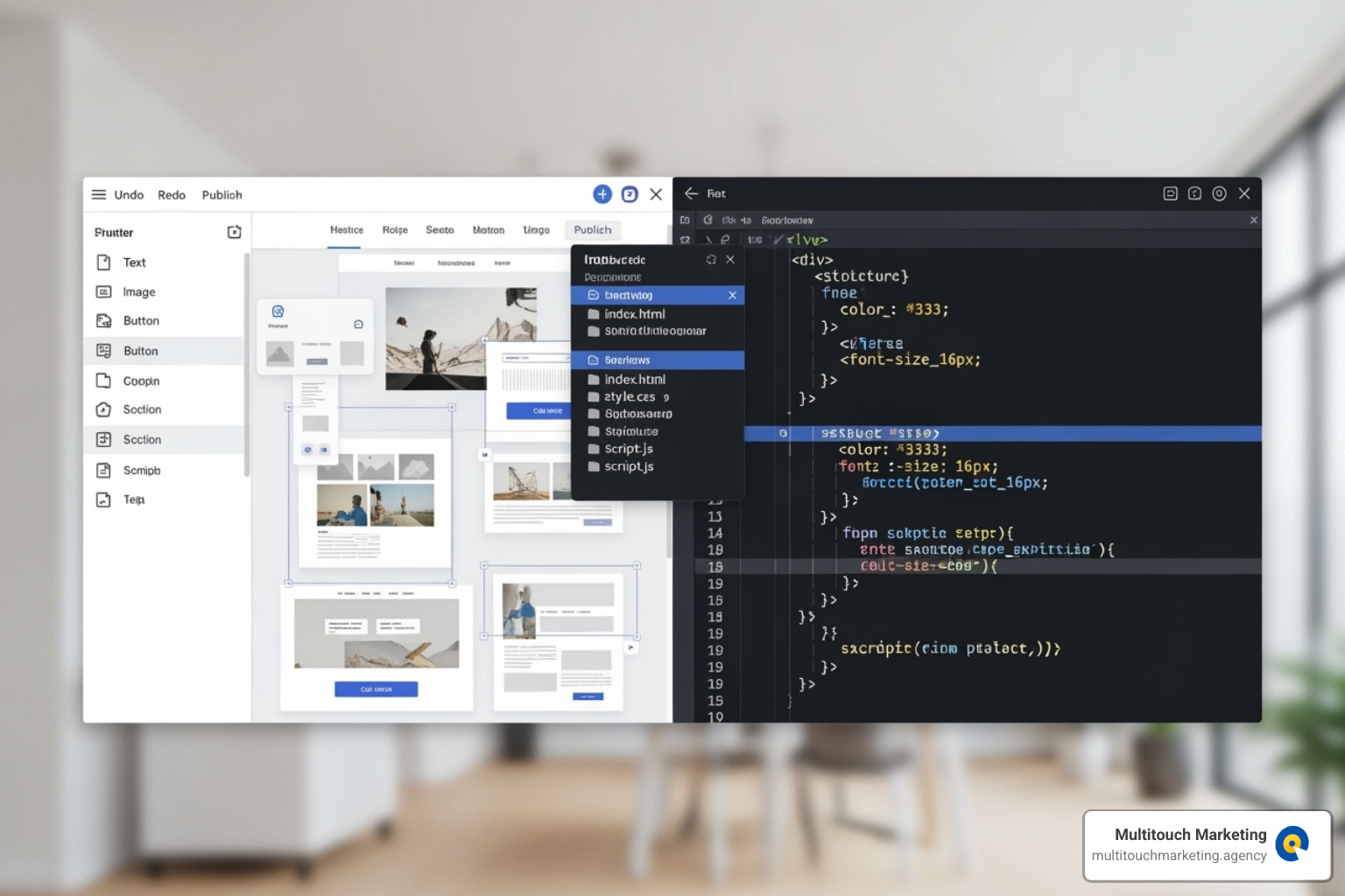 Image of a split screen showing a visual builder on one side and code on the other - Responsive website creator Image of a split screen showing a visual builder on one side and code on the other - Responsive website creator