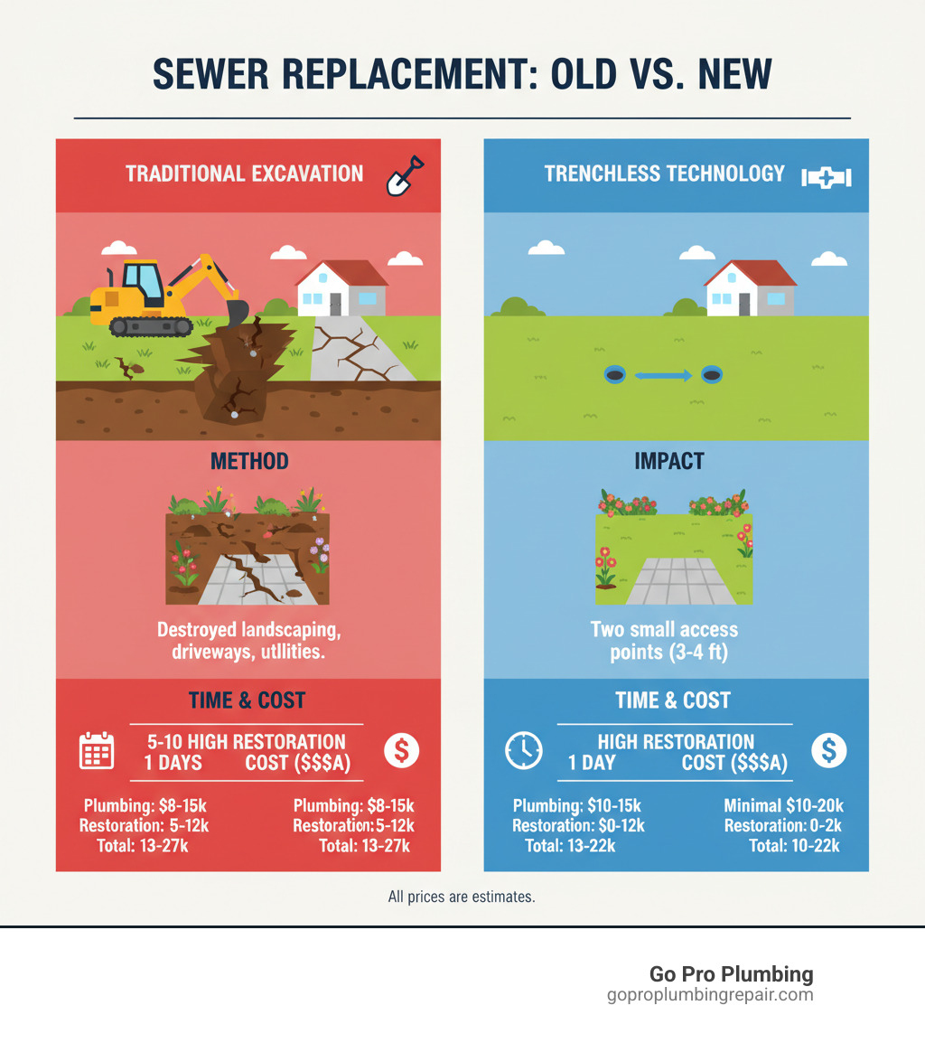 infographic showing side-by-side comparison of traditional sewer replacement with heavy excavation equipment, destroyed landscaping, and long timeline versus trenchless replacement with two small access points, intact landscaping, and same-day completion, including cost breakdown and restoration requirements for each method - trenchless sewer replacement infographic 