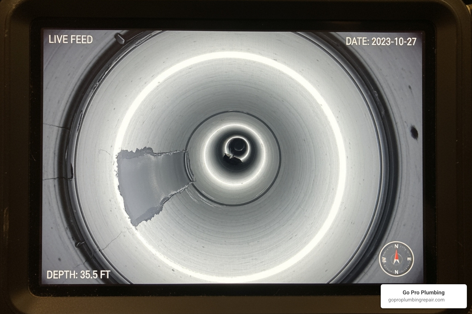 sewer camera inspection screen showing a clear, repaired pipe - trenchless sewer replacement